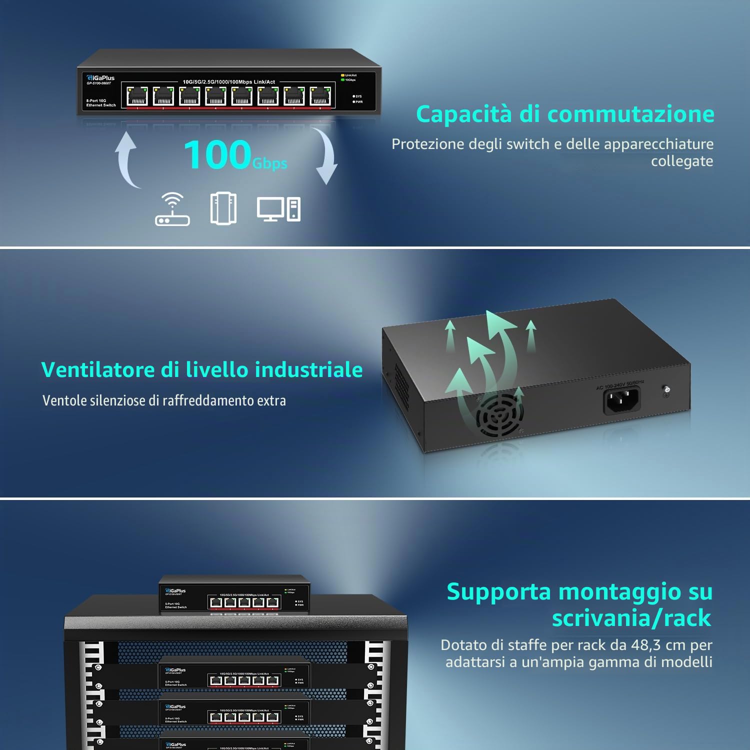 Switch Ethernet 5 porte 10 Gb, 5 porte RJ45 10 Gbe, 100 Gbps, switch non gestito GiGaPlus Semplice per NAS, PC, router WiFi7, adattatore/schede di rete 10 G