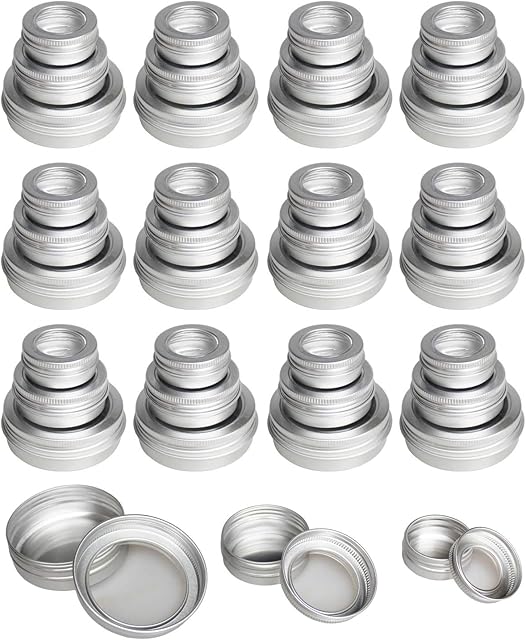 LJY 48 Pieces Round Metal Tins Empty Aluminum Cans Storage Containers Screw Lids with Clear Window, Mixed Sizes