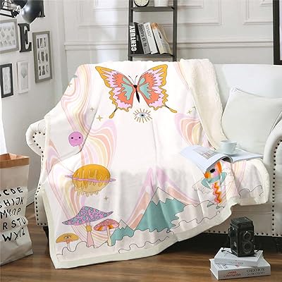 Groovy Butterfly Blanket for Girls Trippy Hippie Mushroom Throw Blanket for Bed Cute Pastel Rainbow Travel Blanket Throw Cartoon Rocket Planets Fleece Blanket Minimalism Snow Mountain Sherpa Blanket