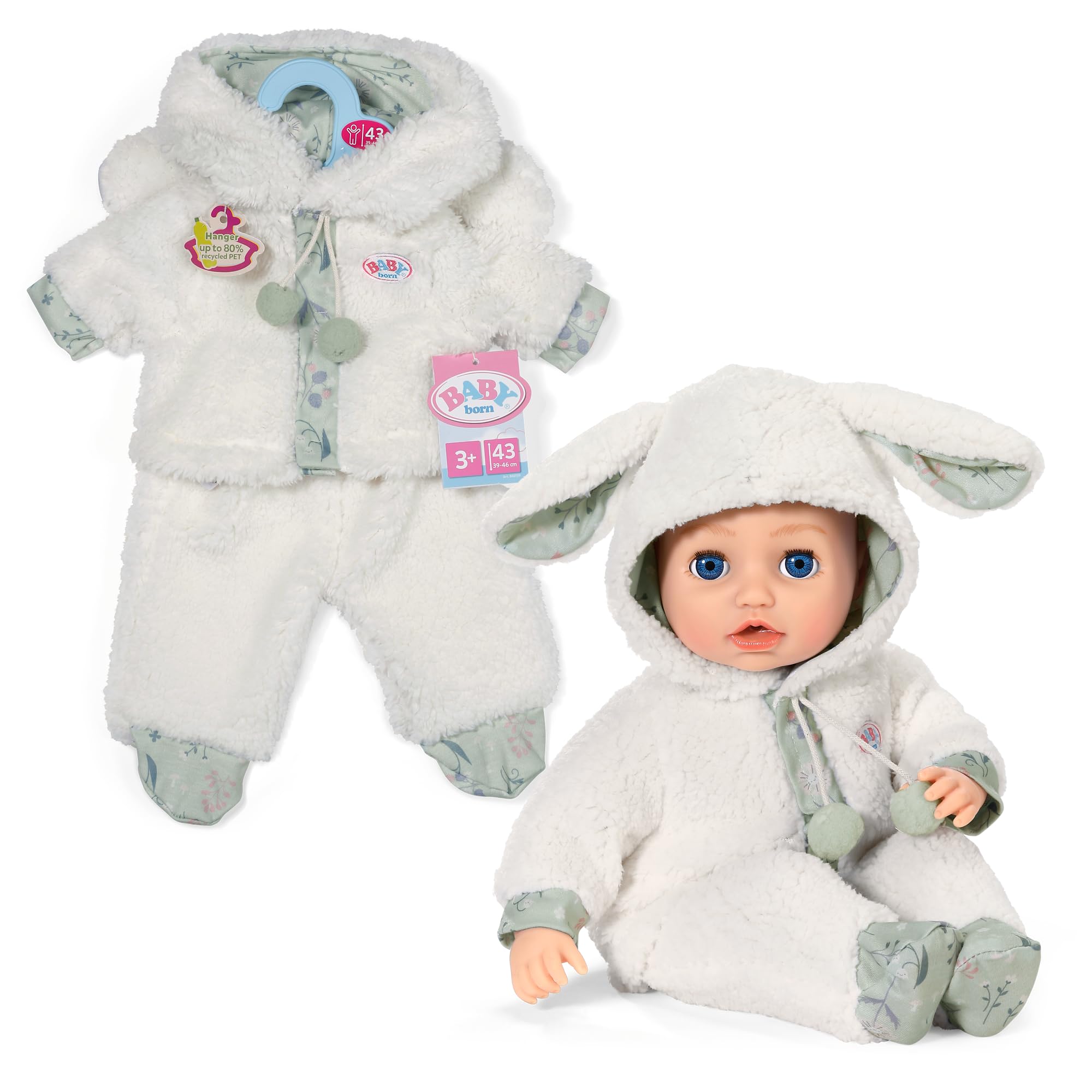 BABY born Sheep outfit with jacket, pants and hood with ears for 43cm dolls, White