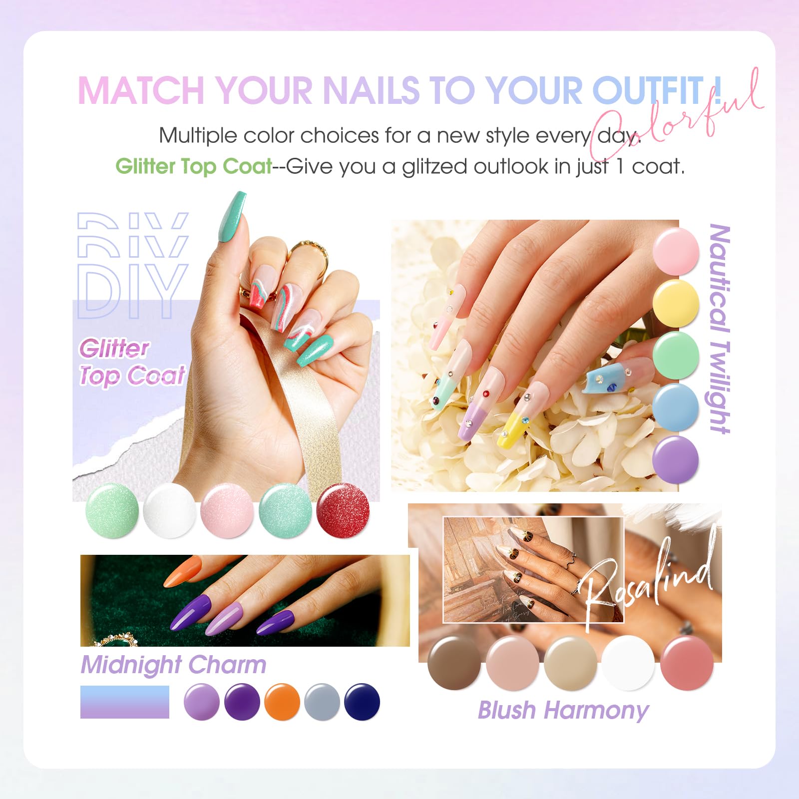 ROSALIND Vernis Semi Permanent, 36PCS Violet Bleu Marron Rose Vert Gris Couleurs Vernis Gel Semi Permanent, Mini UV/LED Semi-permanent Manucure Kit