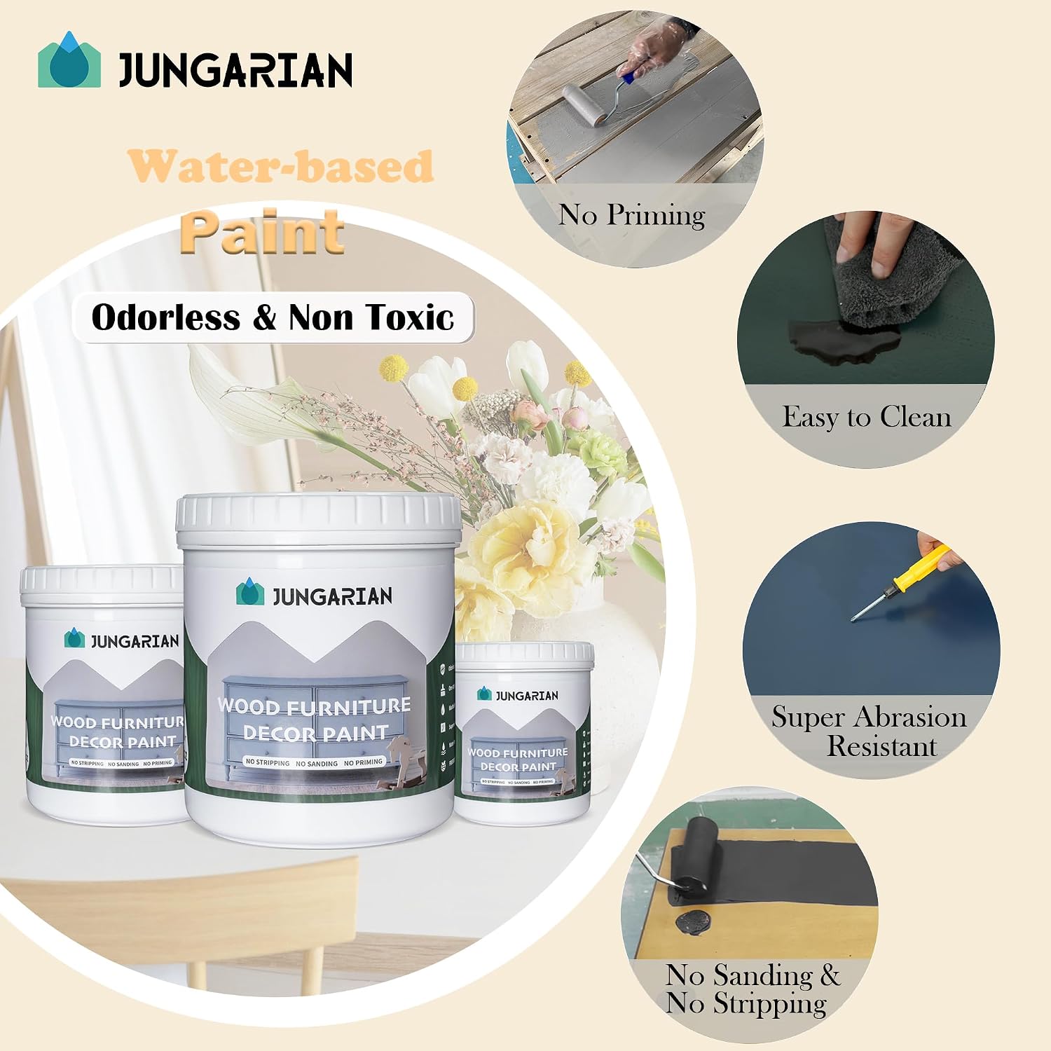 Furniture Paint Kit 32oz with Tools - Water-based & Low Odor No Sanding No Priming- Matte Finish Indoor Outdoor Wood Paint for Cabinets, Doors, Tables and Dressers - Cream