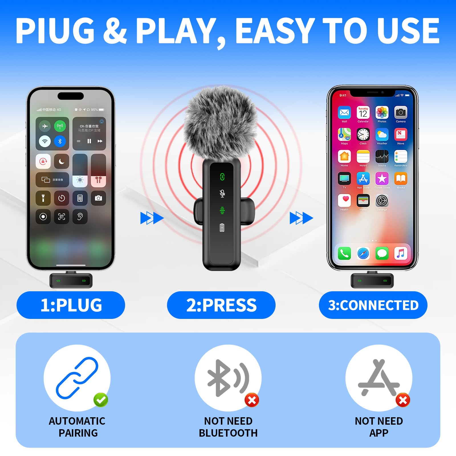 Wireless Lavalier Microphone for iPhone Android, iPad, Noise Reduction Lapel Mic for Recording Clip on Mic - Image 4
