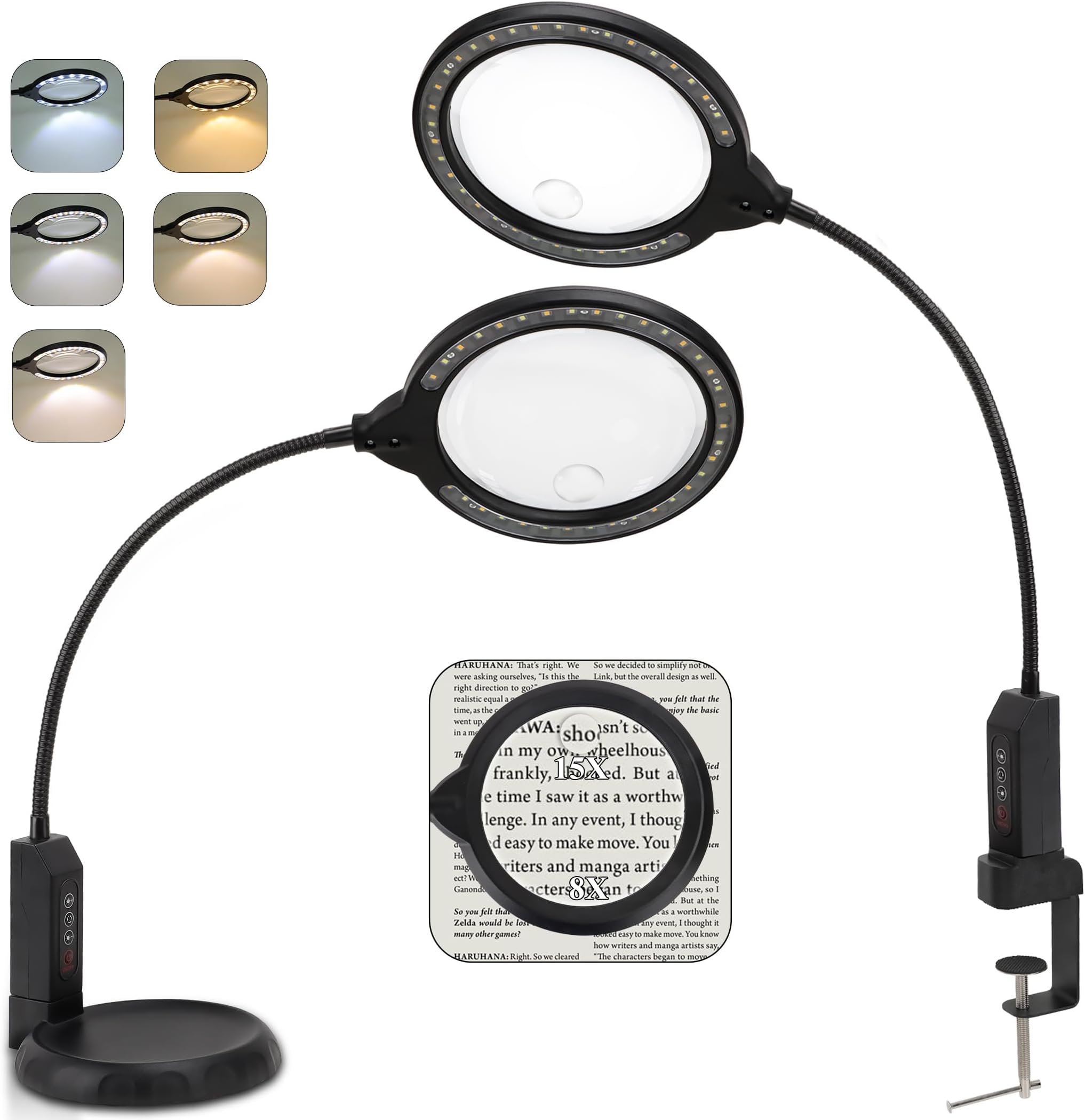 Magnifying Glass with Light and Stand, 15X & 8X Magnifying Lamp with Clamp, 5 Color Lighting Modes Stepless Dimmable LED Desk Lamp Hands Free for Crafts Hobby Reading Painting Sewing Close Work