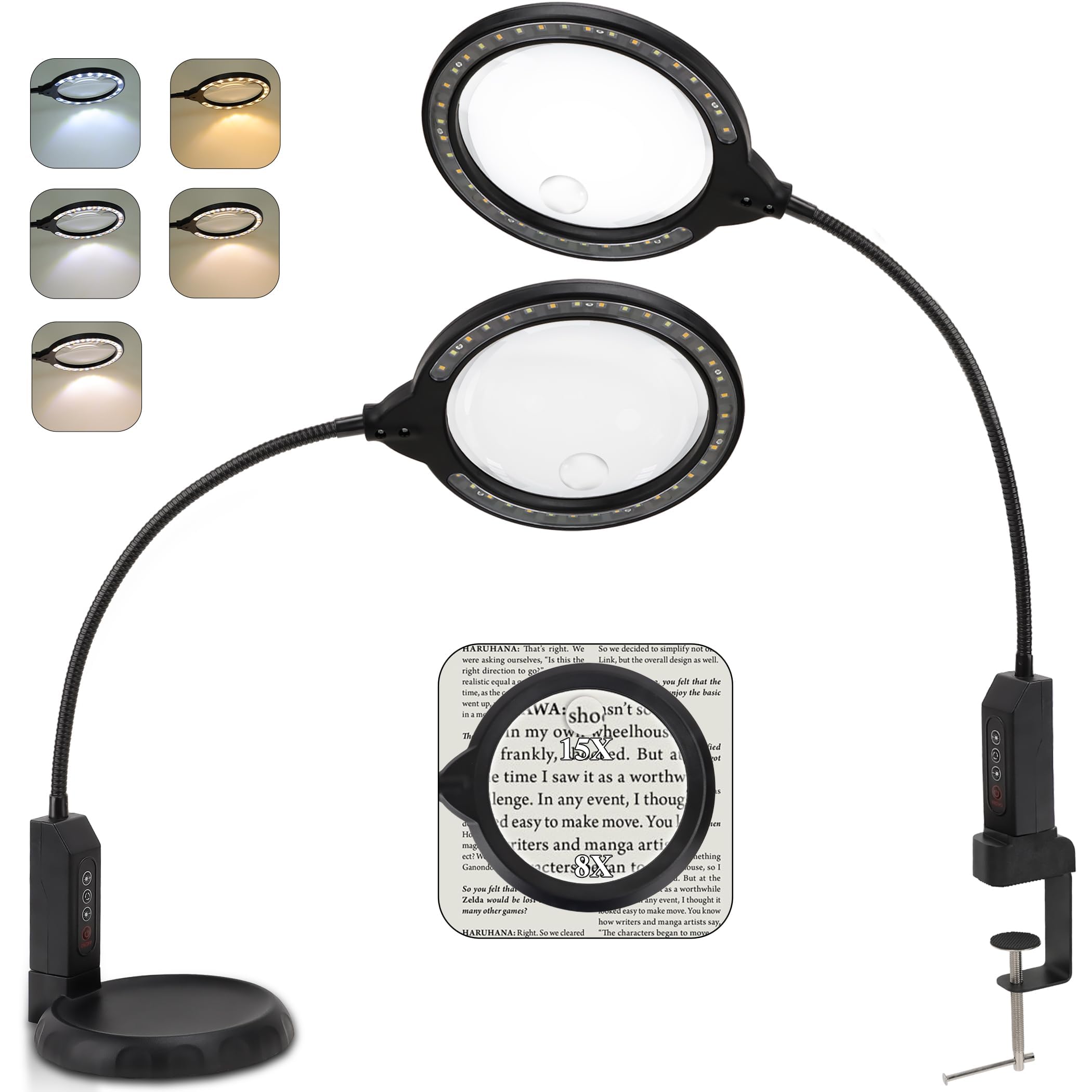 Magnifying Glass with Light and Stand, 15X & 8X Magnifying Lamp with Clamp, 5 Color Lighting Modes Stepless Dimmable LED Desk Lamp Hands Free for Crafts Hobby Reading Painting Sewing Close Work