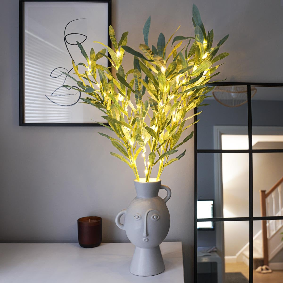 Festive Lights - 3 x 65cm Decorative Olive Leaf Branch Lights (1 Pack) with 60 Warm White LEDs - Battery Powered Indoor Foliage, Green Design, Timer Function, Clear Cable, Twig Style Vase Display