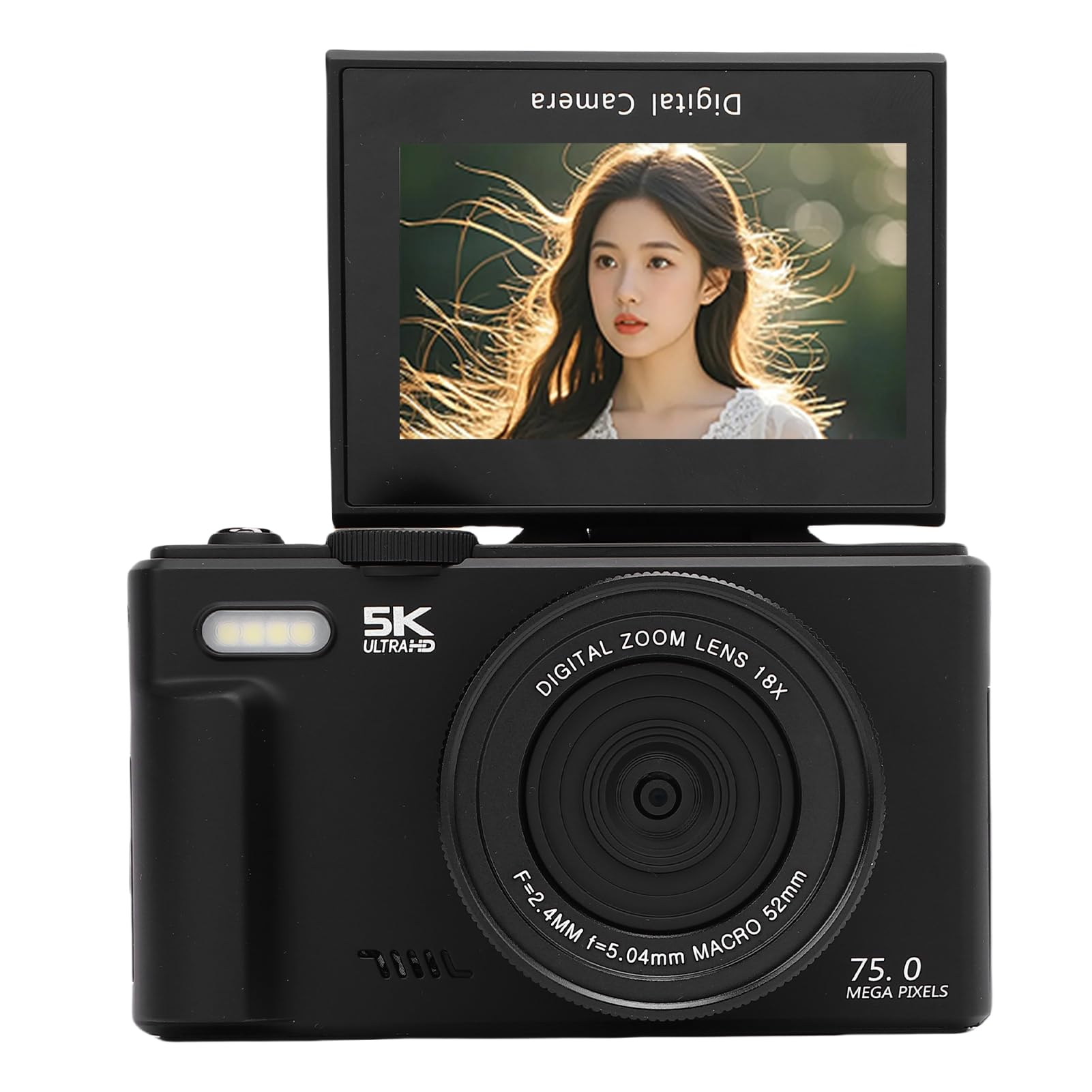 Annadue Fotocamera Digitale 5K da 75 MP, Fotocamera per WiFi con Schermo Ribaltabile a 180°, Compatta con Zoom 18X con Messa a Fuoco Automatica, Inquadra e Sca (64GB)