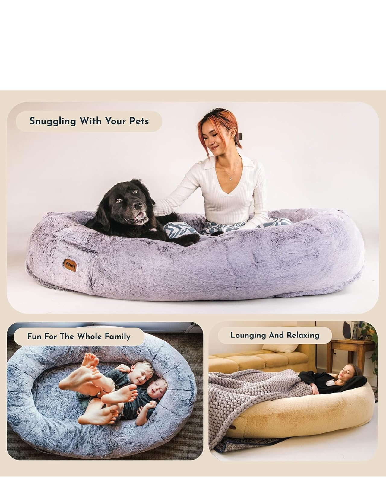 Plufl, The Original Human Dog Bed for Adults, Kids, and Pets. As Seen on Shark Tank. Comfy Plush Large Bean Bag with Memory Foam, Machine Washable, and Durable. Perfect nap and Floor Bed -: Beige