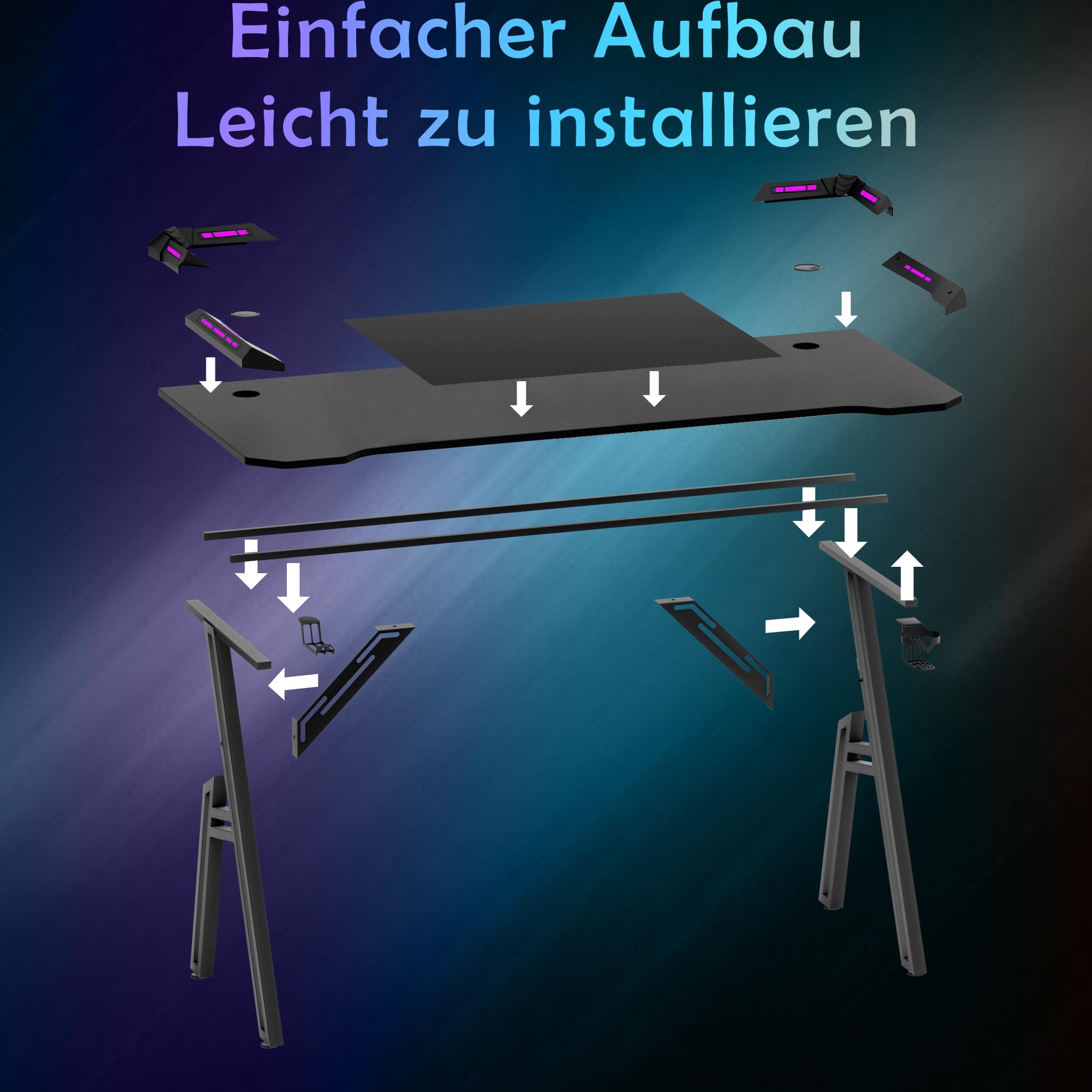 Aufun Scrivania da gioco Bureau Gaming Table Gaming con LED per computer, tavolo da gioco, 120 x 60 cm, stabile scrivania in PC con rivestimento in fibra di carbonio, tavolo da gioco ergonomico