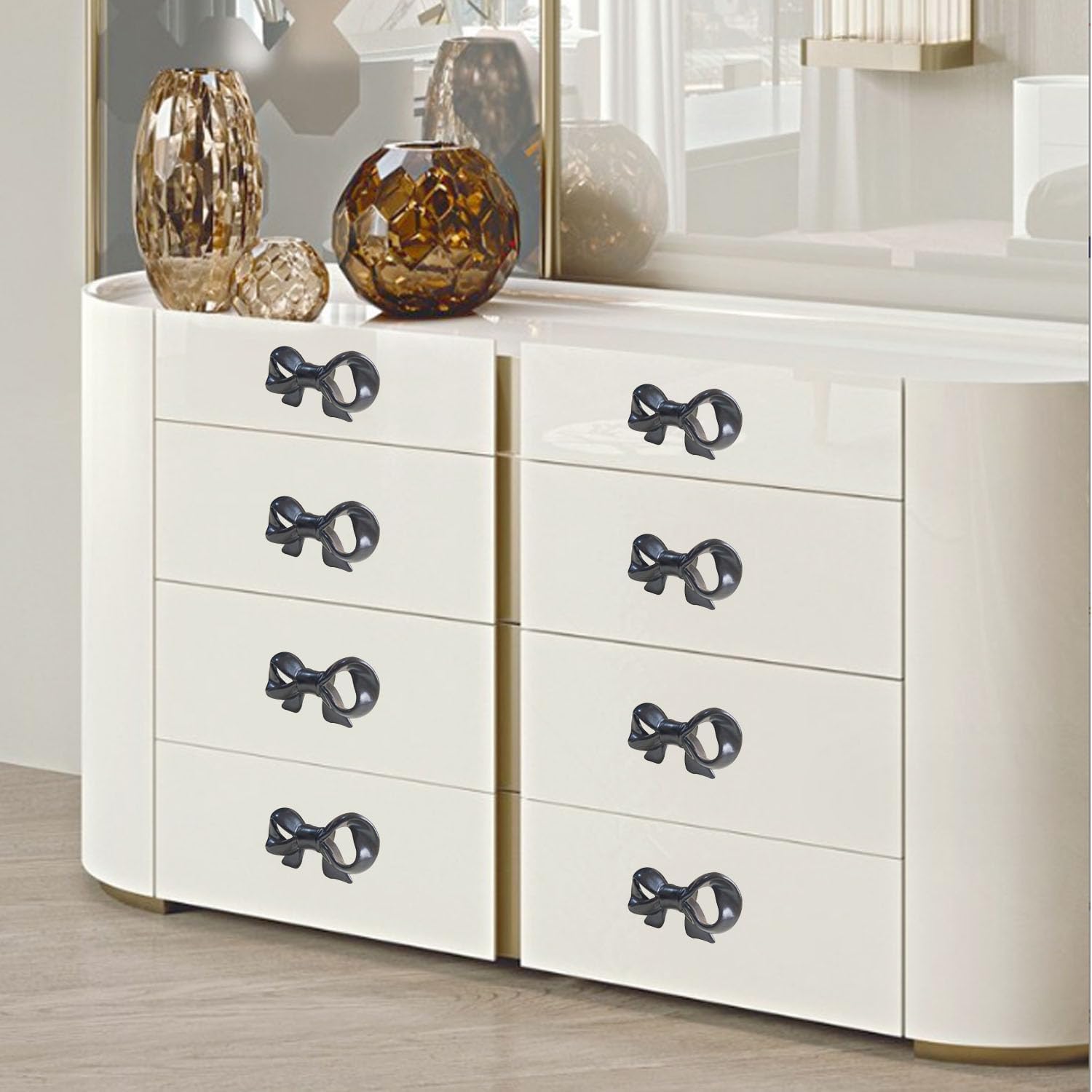 Zinc Alloy Bow Knobs Black Cabinet Handle Drawer Pulls Home Kitchen Decorative Cupboard Dresser Wardrobe Cabinet Knobs 4 Pieces