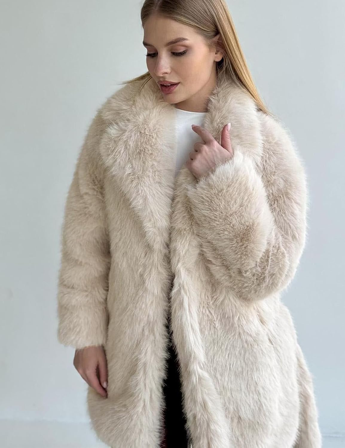 Flygo Womens Long Faux Fur Coats Fluffy Faux Fur Jacket Long Sleeve Lapel Furry Coats Fuzzy Winter Jacket - Image 6