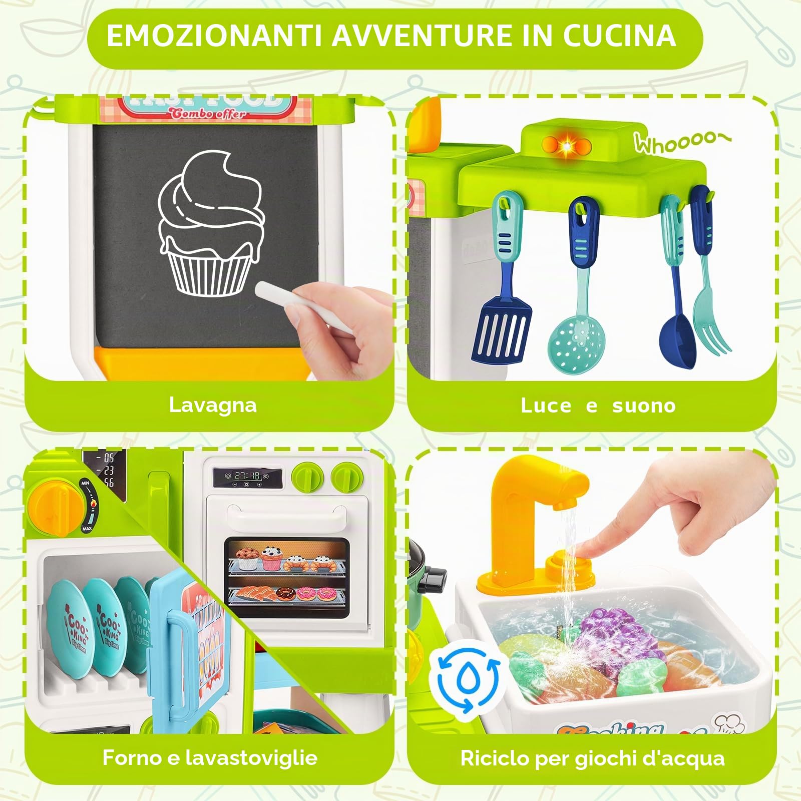 deAO Cucina Giocattolo per Bambini - 54PCS Altezza Regolabile Doppio Lato Gioco di Ruolo da Cucina con Luce Suono Acqua Vapore Frigorifero Lavastoviglie e Accessori | Verde