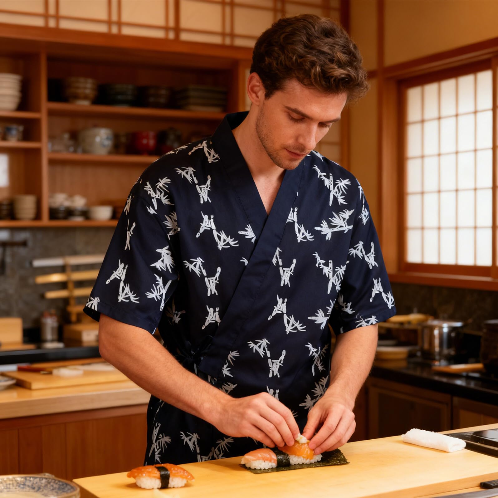 Healvian Giacca da Chef Sushi Giapponese Tradizionale Kimono Uniforme Professionale per Cucina Uomo Donna Resistente e Adatta Ristorante Divisa Coordinata per Team Abbigliamento da Lavoro