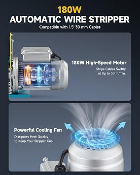 CREWORKS Automatic Electric Wire Stripping Machine, Heavy Duty Copper Cable Stripping Machine with Adjustable Feed Holes, Powered Scrap Wire Stripper for Recycling & Workshop Use (1.0-30mm)