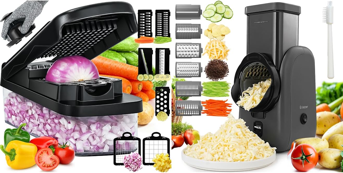 Electric Cheese Grater and Vegetable Chopper Slicer with Container Veggie Dicer Cutter Salad Chopper Mandoline Slicer Cheese Grater Includes Hand Guards and Gloves & Kitchen Gadgets