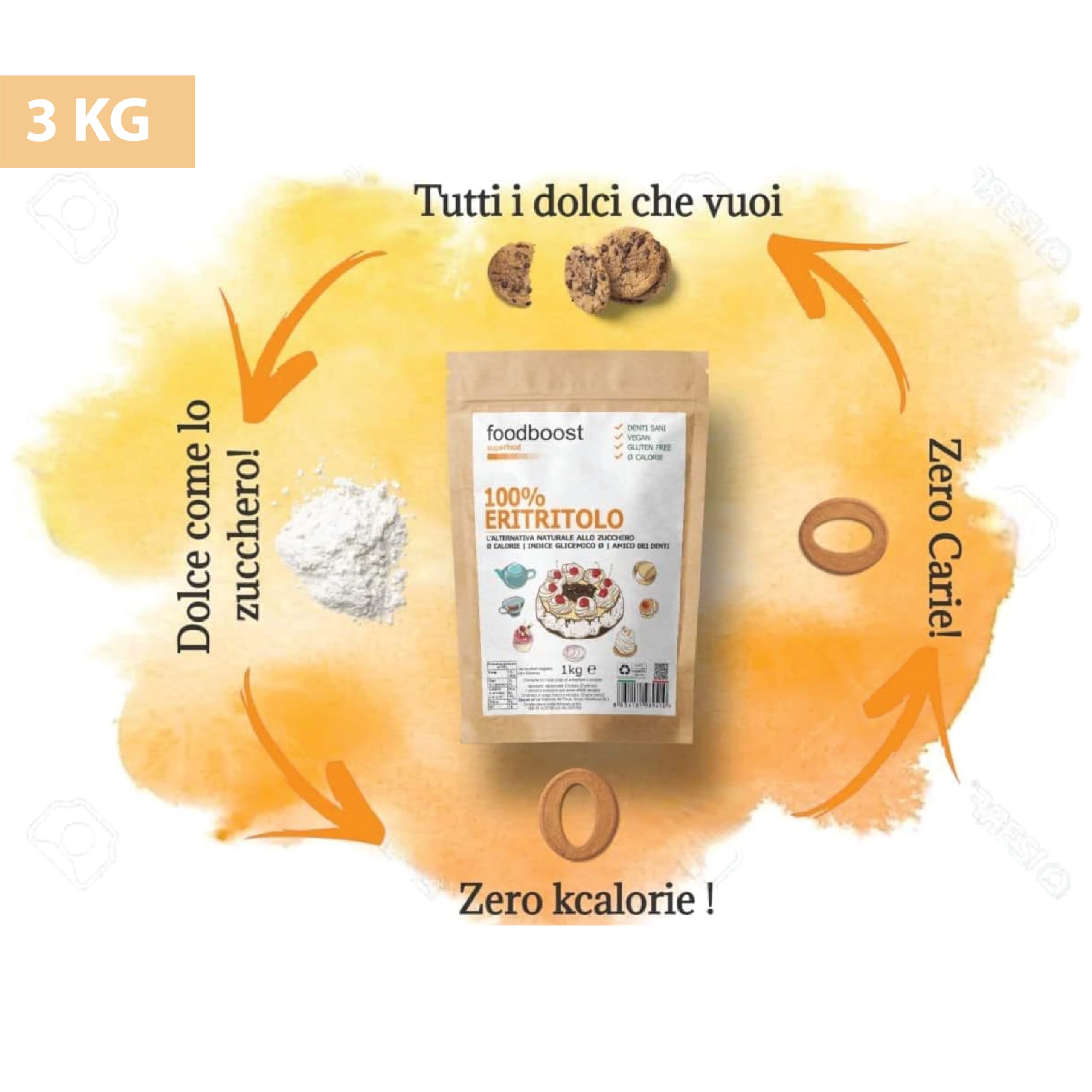 Eritritolo 3Kg foodboost, sostituto dello zucchero, 0kcal - 100% Puro, stesso potere dolcificante dello zucchero da cucina, adatto per diabetici e diete ipocaloriche o bilanciate - 3kg BULK