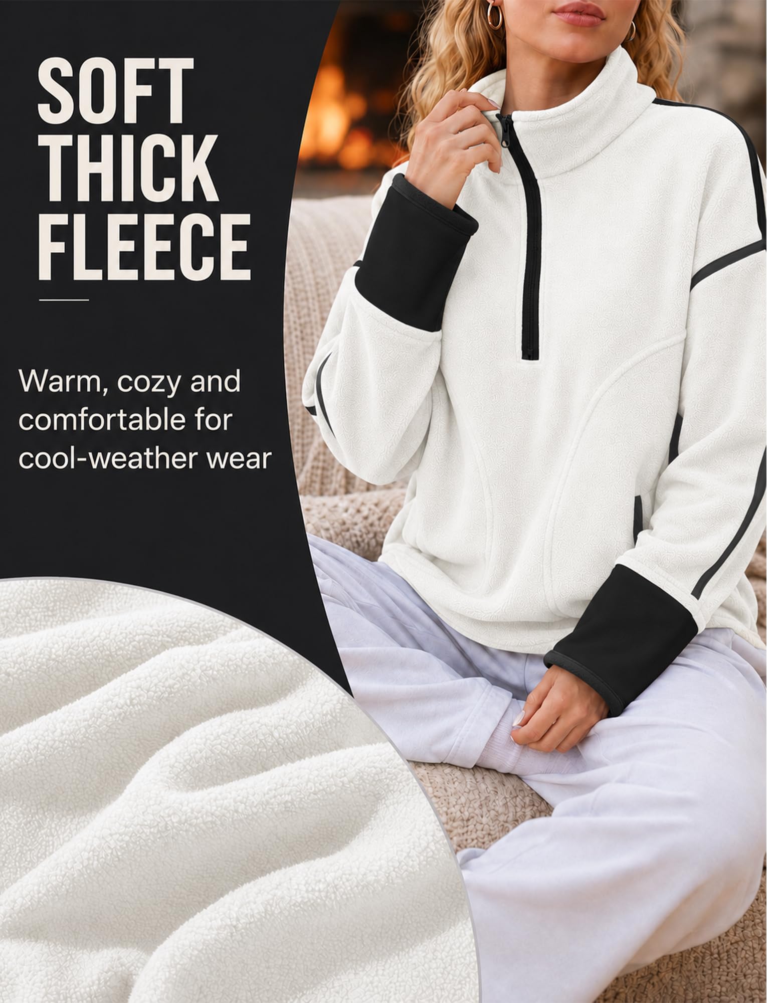 FEOYA Damska bluza polarowa z zamkiem błyskawicznym oversize, ciepły sweter, biały, M | Polarowy top z kieszeniami na jesień zimę sport spacery piesze codzienne odzież domowa