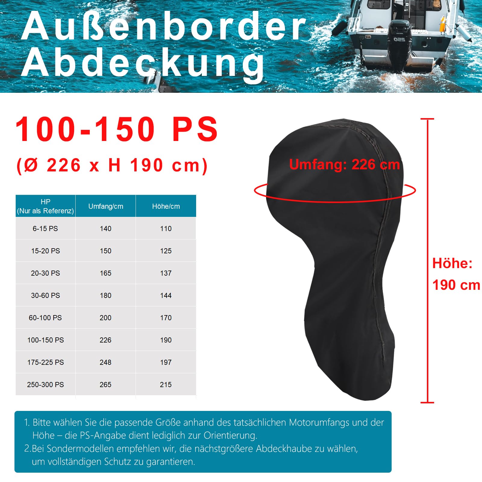 Copertura fuoribordo 100-150 CV (Ø 226 cm x H 190 cm), custodia impermeabile in tessuto Oxford 420D con coulisse e chiusura lampo, resistente ai raggi UV, copertura per motore della barca