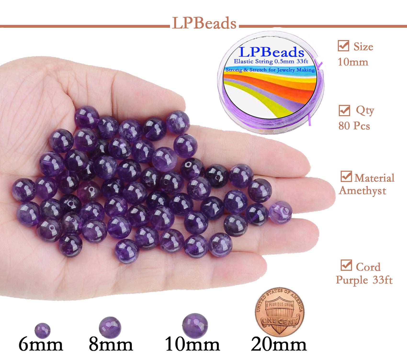 LPBeads 80 cuentas sueltas redondas de amatista natural pulidas de 10 mm con cordón elástico para hacer joyas y pulseras