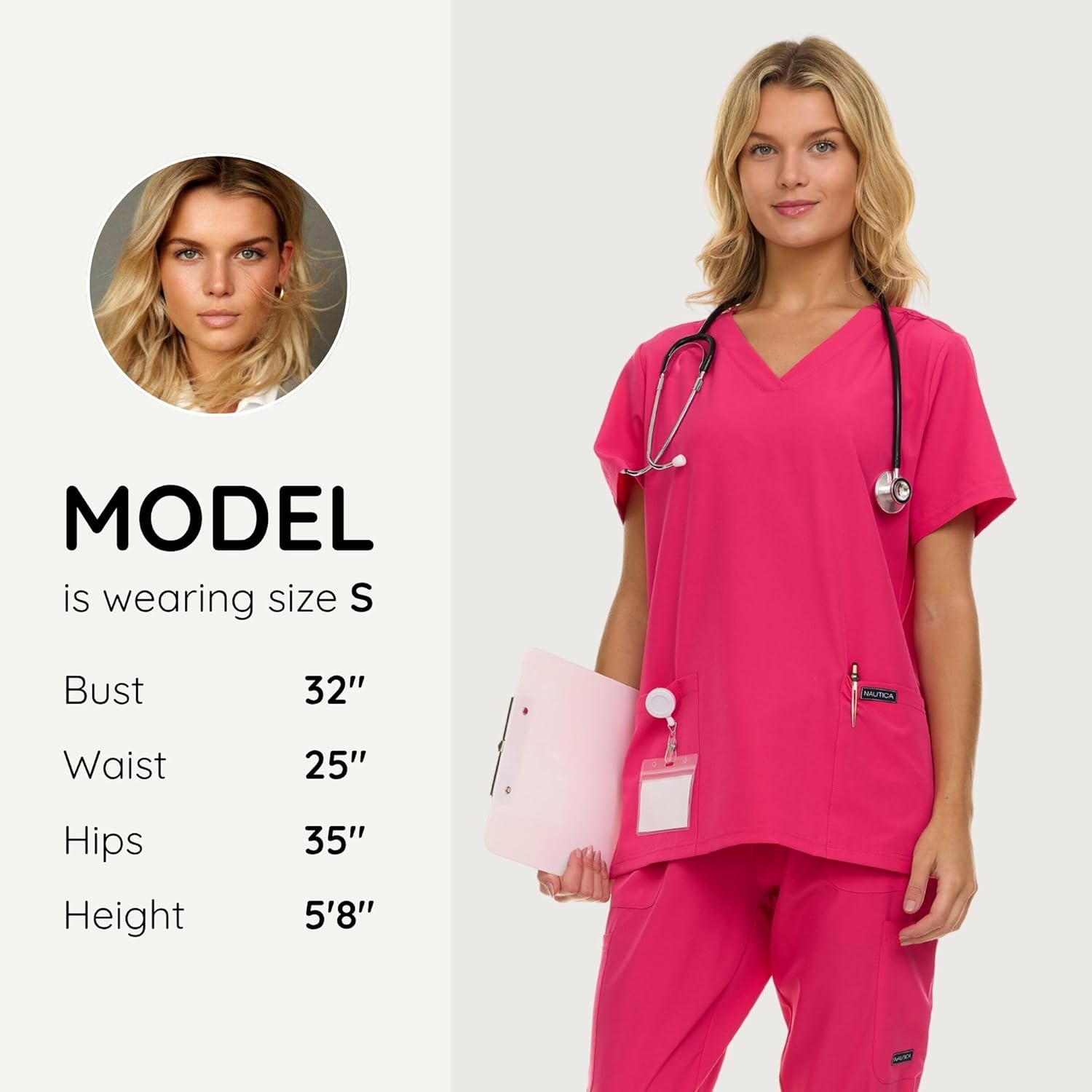 Nautica Womens Scrubs Tops, 3 Pack V-Neck Breathable Scrub Tops Women, 3 Pocket Stretch Fabric Scrubs for Women