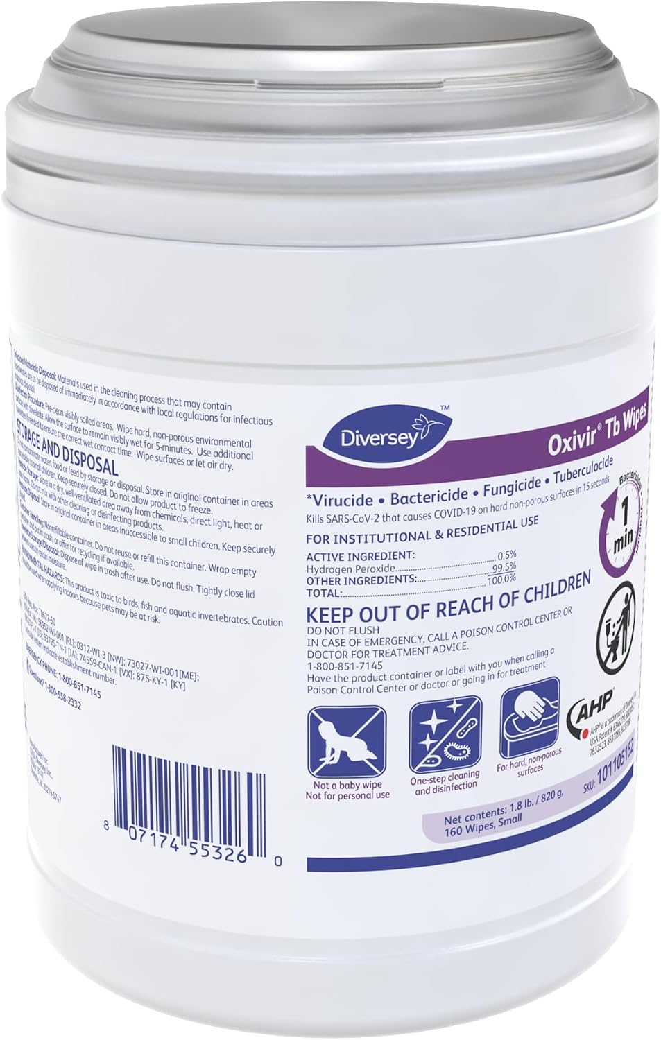 Oxivir Diversey Tb Disinfectant Wipes, Canister, Small, 160 Count