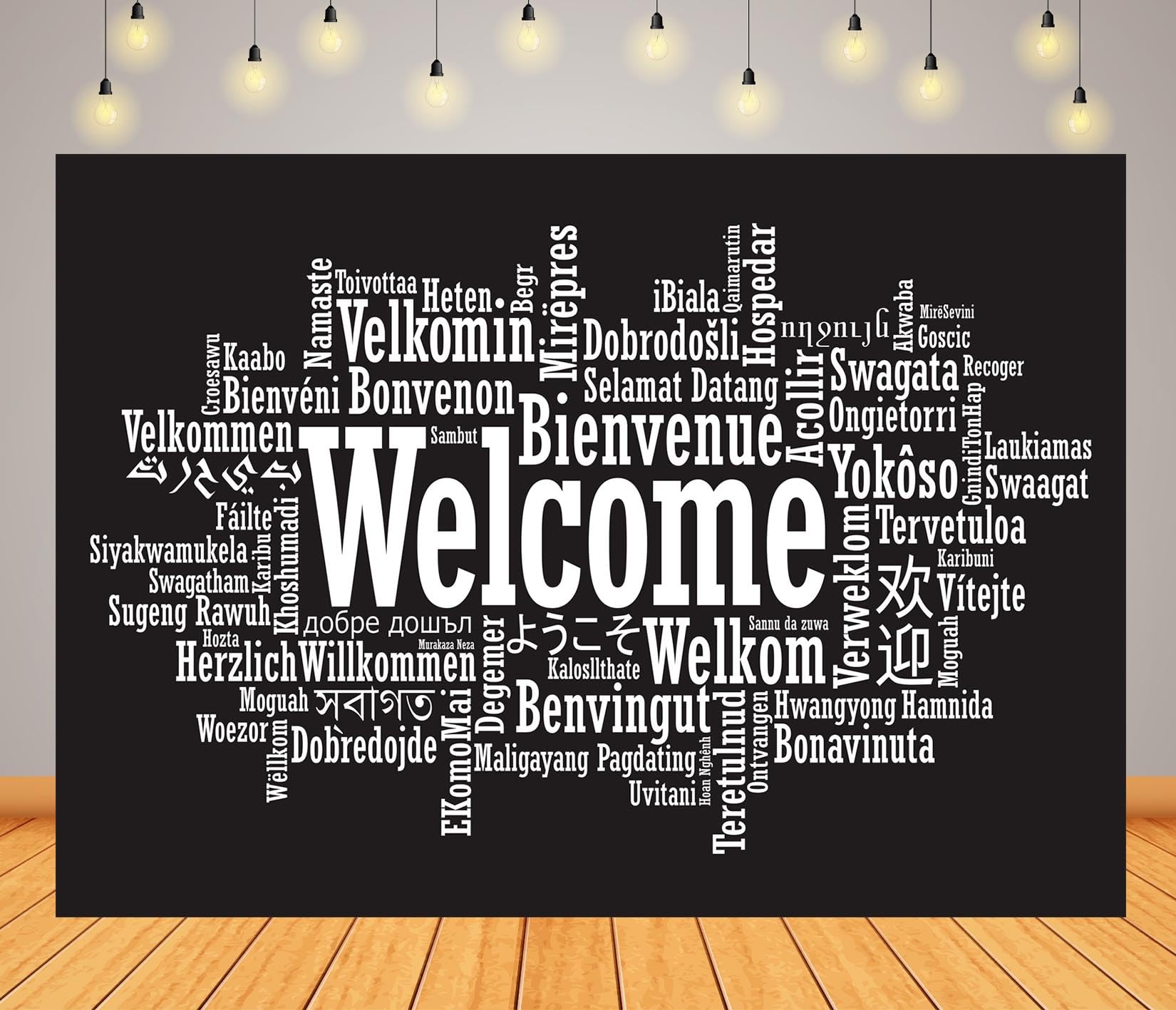 Loccor 7x5ft Fabric Welcome in Different Languages Backdrop Multi-Language Welcome Sign Black and White Background Multicultural Welcome Banner