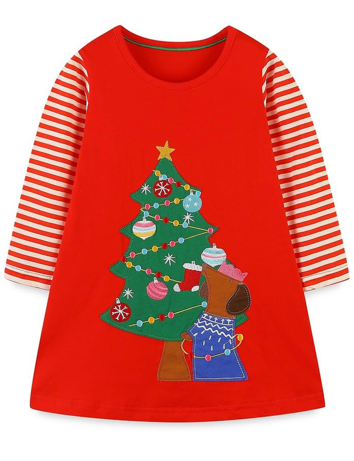 FreeLu Girls Cartoon Applique Dresses Striped Casual Dress Cotton Jersey Longsleeve T-Shirt