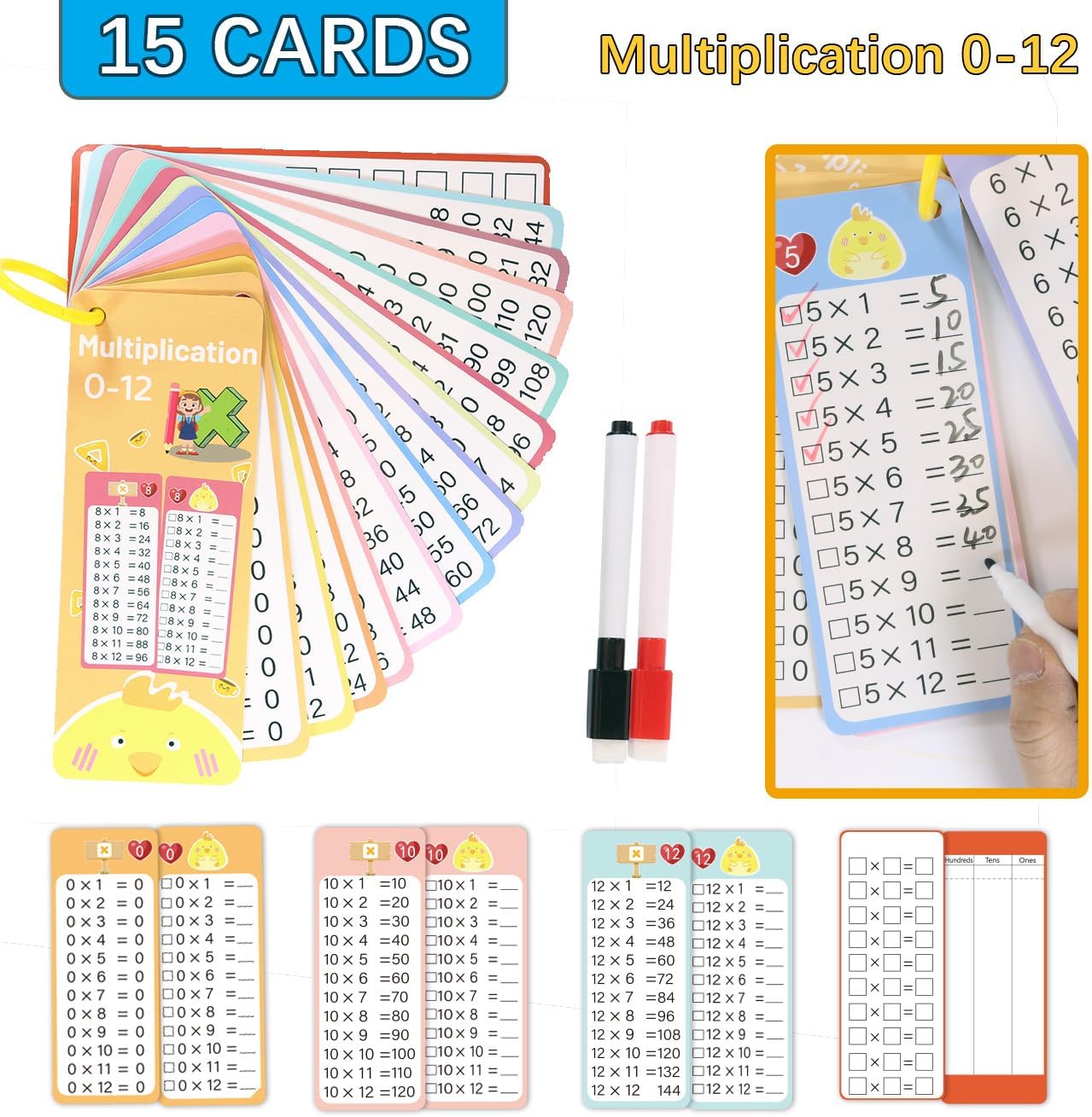 Multiplication and Division Flash Cards 30 Pcs, 0-12 Math Flash Cards with 4 Dry Erase Pens 2 Rings, Educational Time Table Flash Card for 1st-3rd Graders Multiplication Game