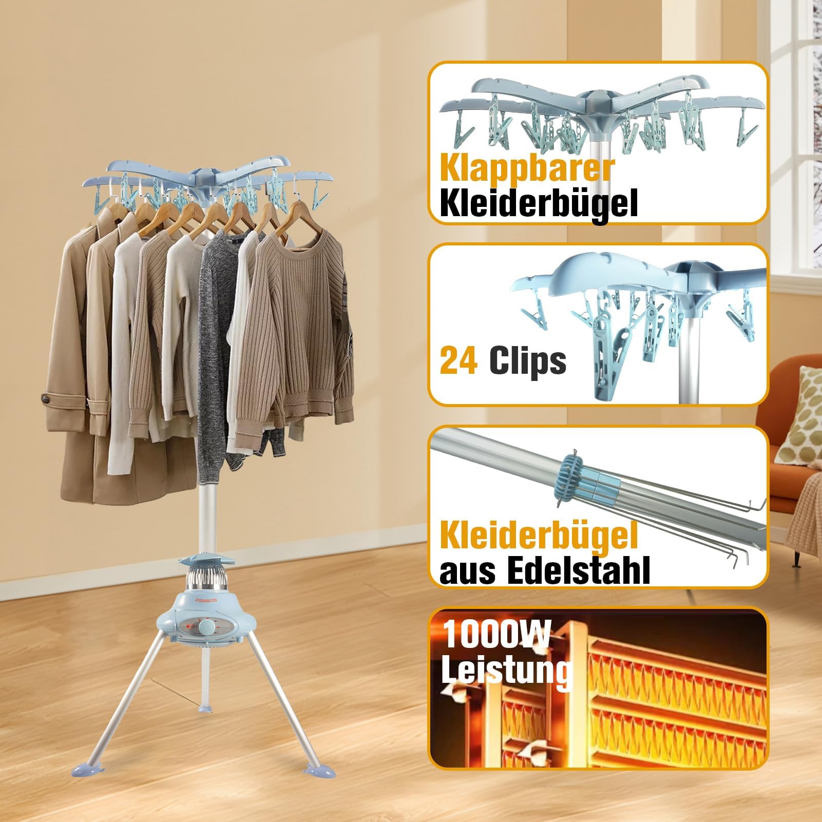 ColdShine Elektrischer Wäschetrockner Tumble Dryer 2-stufiger Faltbarer elektrischer Wäscheständer aus Edelstahl Trockner mit Time 10 kg Kleidung Automatische Abschaltung