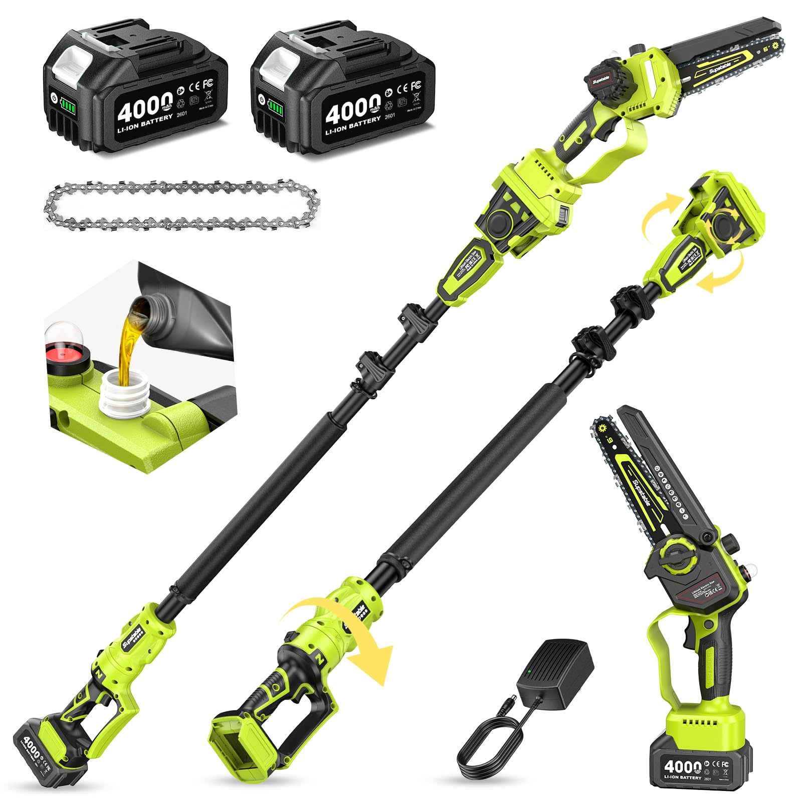 Supstable 2-in-1 Cordless Pole Saw & Mini Chainsaw, Cordless Pole Chainsaw 6 Inch, with Retractable Extension Rod Up to 15 Feet, with 2 x 4.0Ah Batteries for Tree Trimming