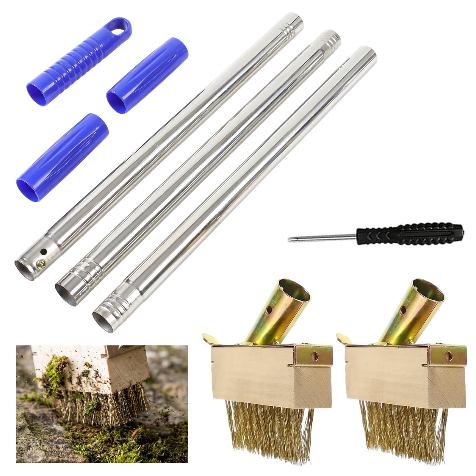 2 Pezzi Scopa Metallica con Manico Regolabile 135 cm, Spazzola in Acciaio Inox con Setole Rigide per Esterni, Spazzola per Pavimenti Giardino e Terrazza, Rimuove Erbacce