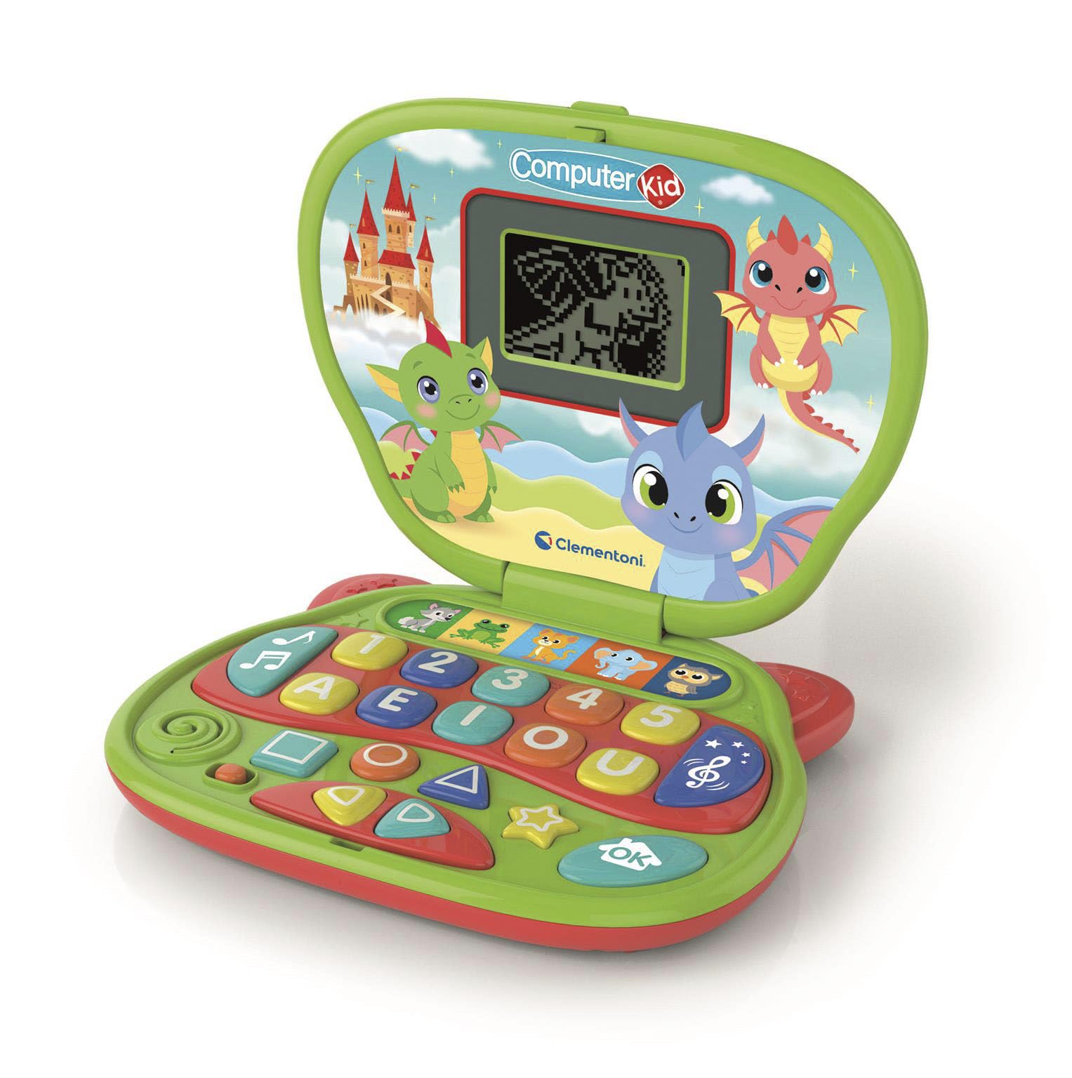 Clementoni - Computer Kid Draghetto Laptop Educativo Bambini 2+ Anni, 10 attività, Gioco Elettronico per Imparare Lettere, Numeri, Forme, Colori e Melodie, Batterie Incluse, Lingua Italiana, 16488