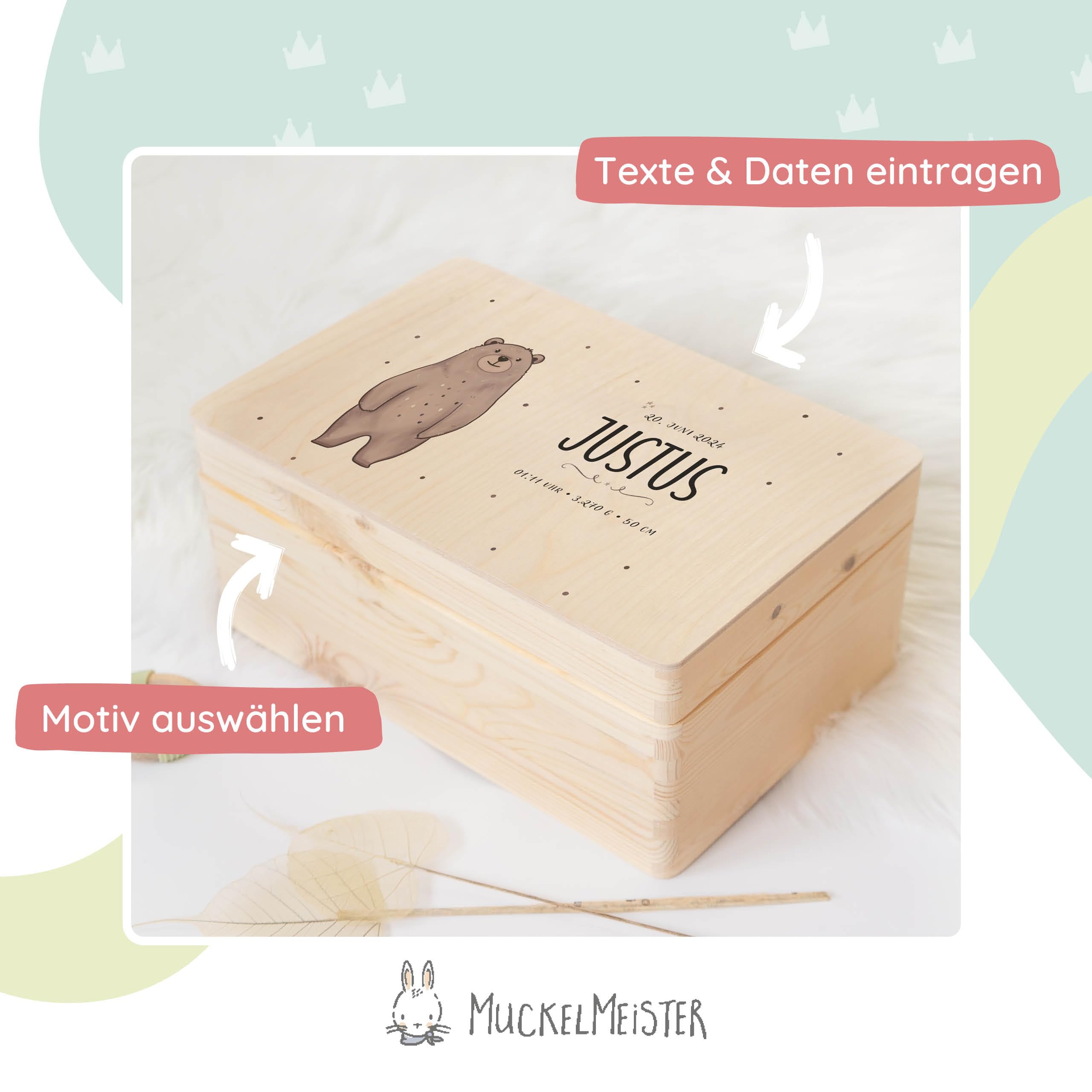 Muckelmeister Erinnerungsbox Baby Personalisiert - 30x20x14cm - UV-Druck - Individuelle Baby Aufbewahrungsbox - tolle Erinnerungskiste aus Holz - Taufgeschenk - Geschenke zur Geburt - Löwe