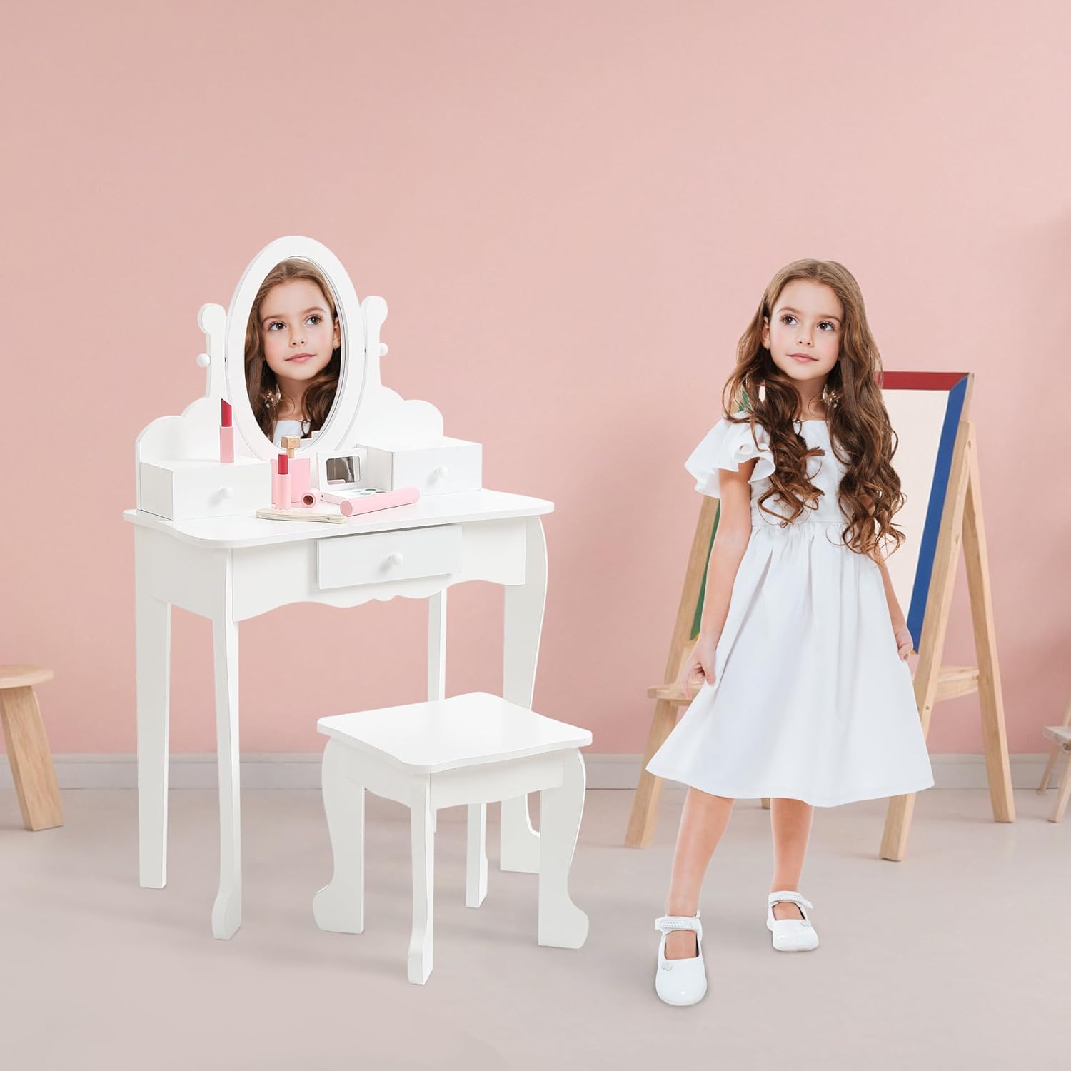 Kids Vanity Set with Adjustable Mirror & Stool,Wooden Toddler Vanity Set with Drawers,Pretend Makeup Dressing Table for Little Girls, White