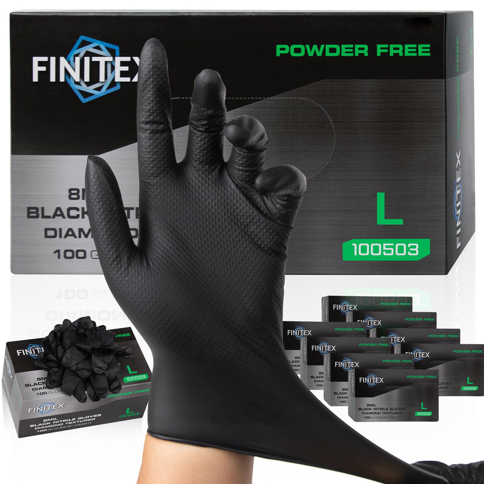 FINITEX Industrial Diamond Texture Nitrile Black Glove - 100/1000PCS Chemical Resistant 8mil Mechanic Disposable Gloves