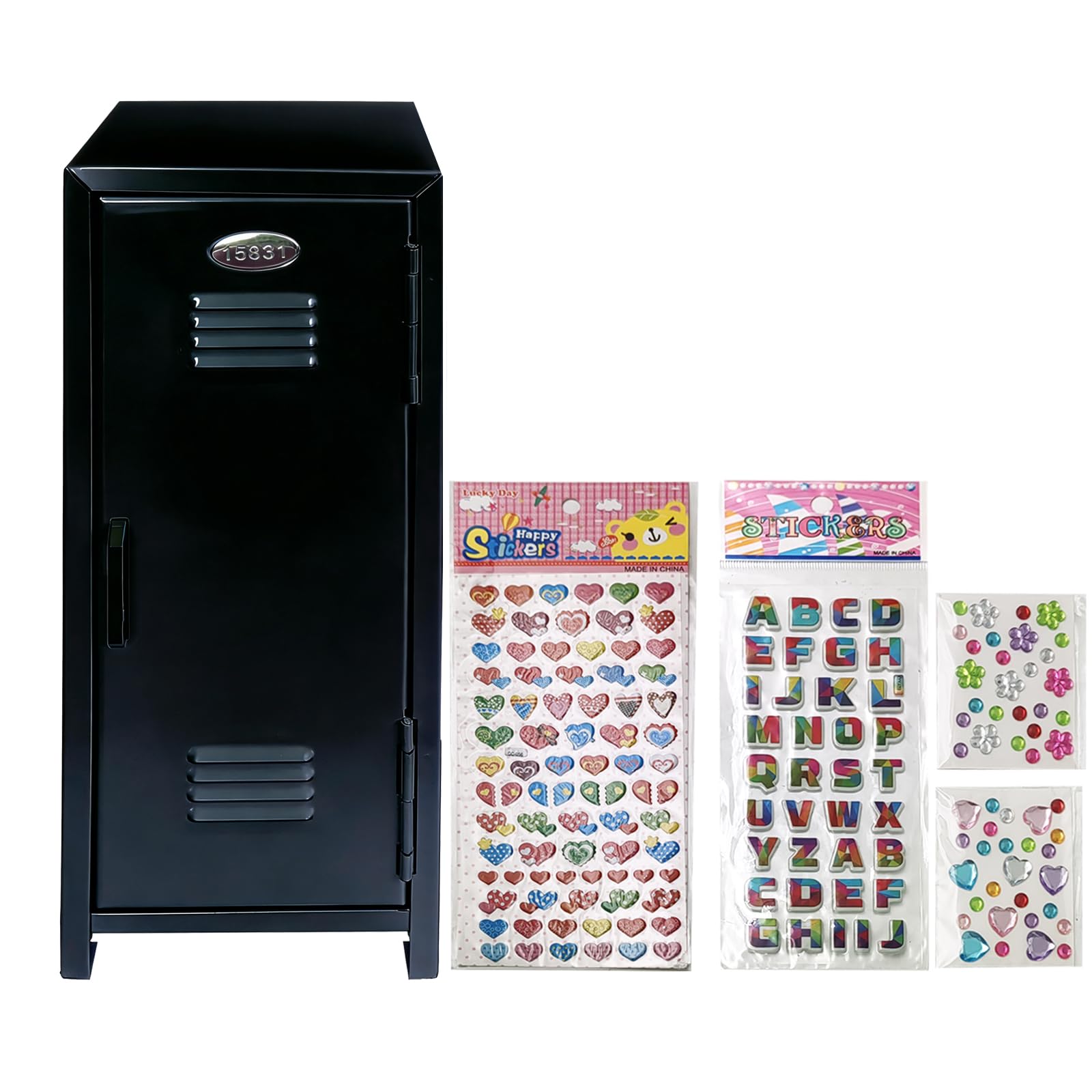 Mini Locker with Lock Key Stickers Box Metal Small Locker Mini Locker Miniature Storage Girls Lockbox Desktop Storage Organizer for Cash Money Jewelry Safe Dollhouse Furniture Accessories (Black)