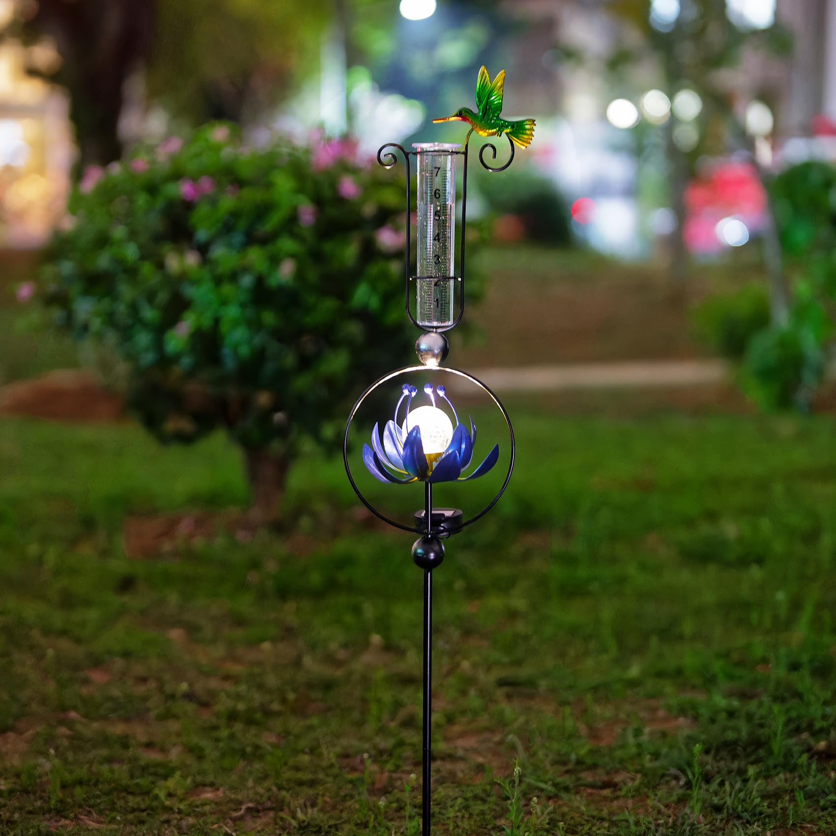 Pluviomètre solaire d'extérieur en plastique numérique en forme de fleur de lotus avec boule de cristal craquelée LED étanche Colibri