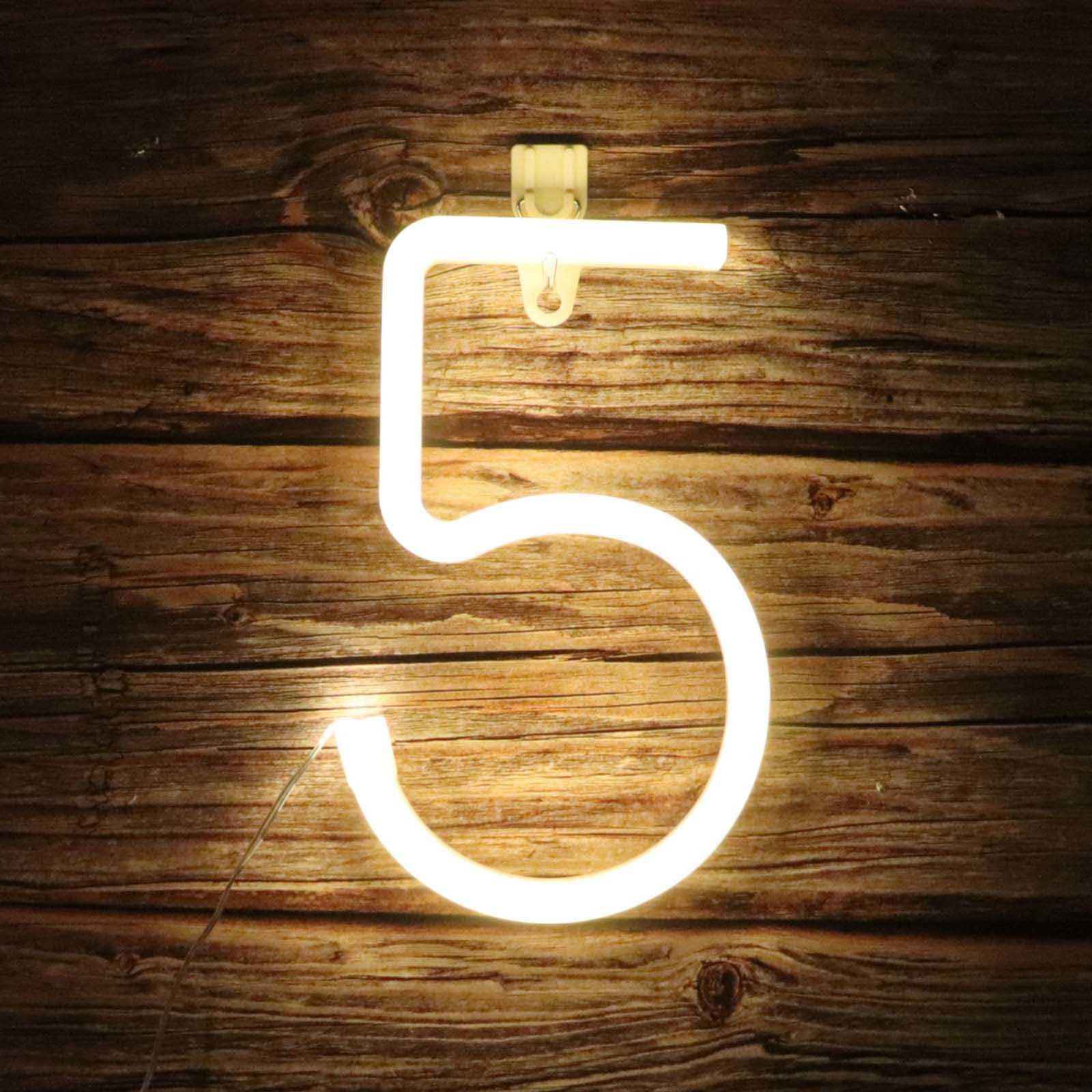 Portable Warm White Arabic Number Neon Light Battery or USB Operated Neon Sign Ideal for Bedroom Photo Booth Party Bar Gift Indoor LED Decor（No.5） — image 1