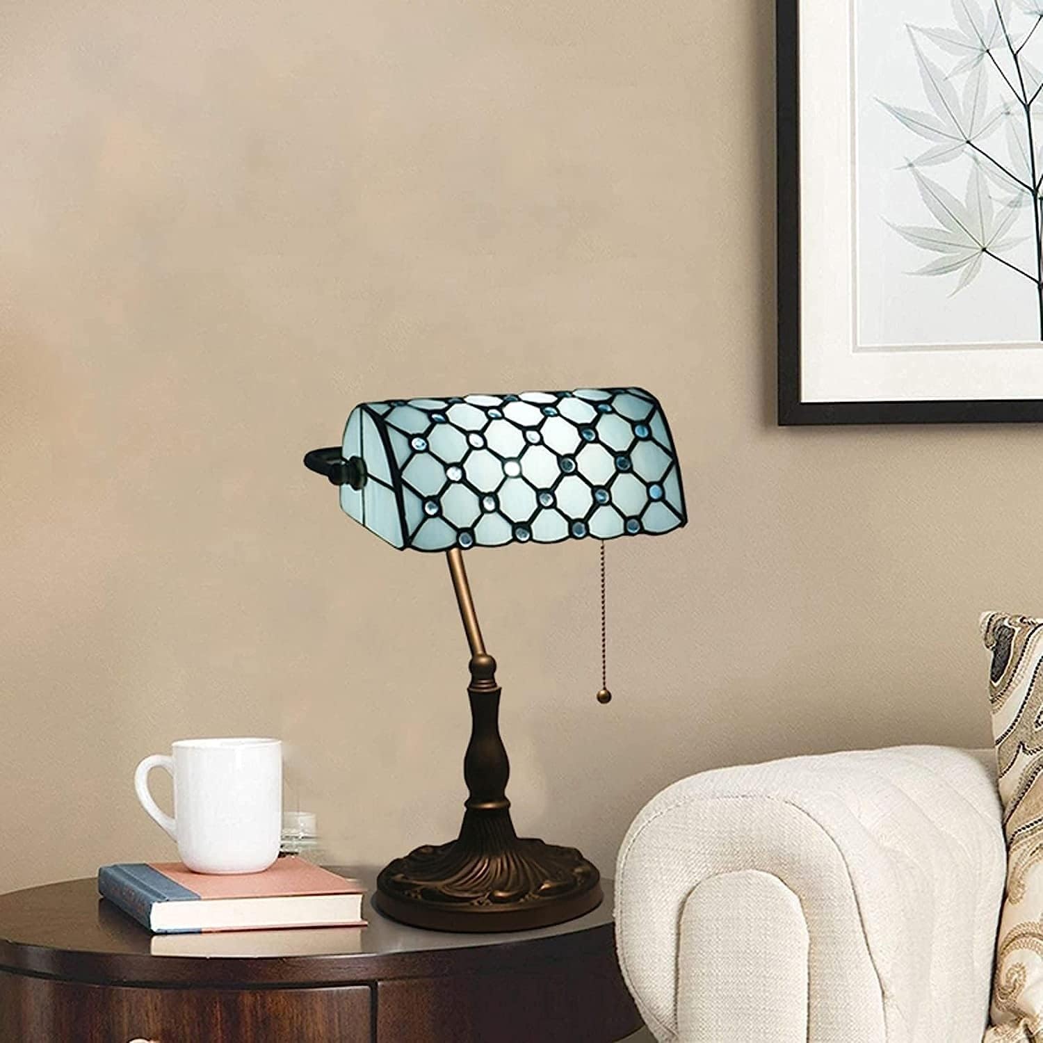 Bankiers Tischlampe, farbige Glaslampe, Kristallperlenschreibtischlampe, Schlafzimmer in der Nacht Leselampe (Meeresblau -Glasperlen Schatten) Innovate
