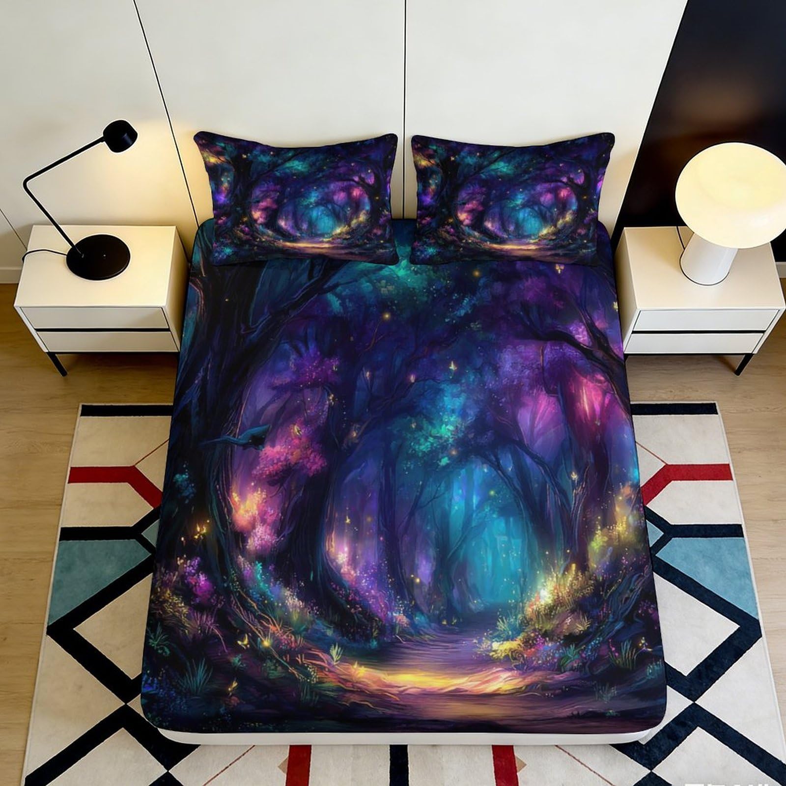 Pnayamiorkfel Style-3 3D Printed Enchanted Forest Fitted Sheet Microfiber Soft Purple Blue Dreamland Bed Cover For Bedroom Dorm Decor 90X200x25cm