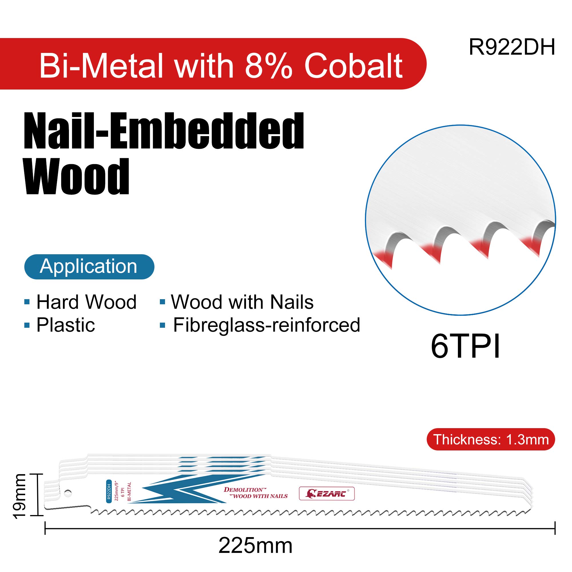 EZARC Hojas de sierra sable Bimetálica Cobalt R922DH 225mm 6TPI puede Madera Clavada - 5 piezas