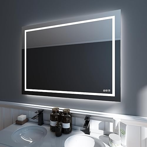 WATERPAR Espejo de baño LED de 48 x 36 pulgadas espejo de tocador montado en la pared con retroiluminación y luz frontal con 3 colores regulables