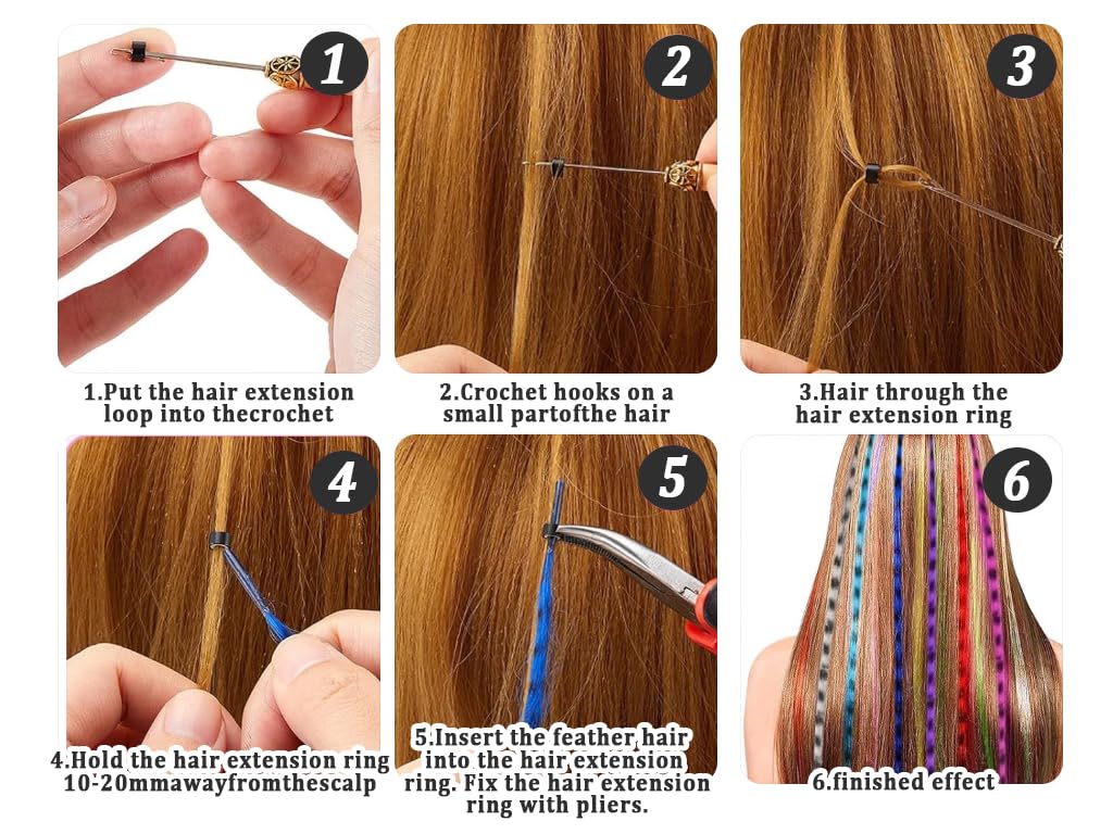Federhaarverlängerungs-Set,50 Stück Feder Extensions Strähnchen Bunt,Bunte Haarverlängerungs Set mit 100 Silikonring,Zange und Häkchen,Haarschmuck für Barparty,Halloween,Cosplay