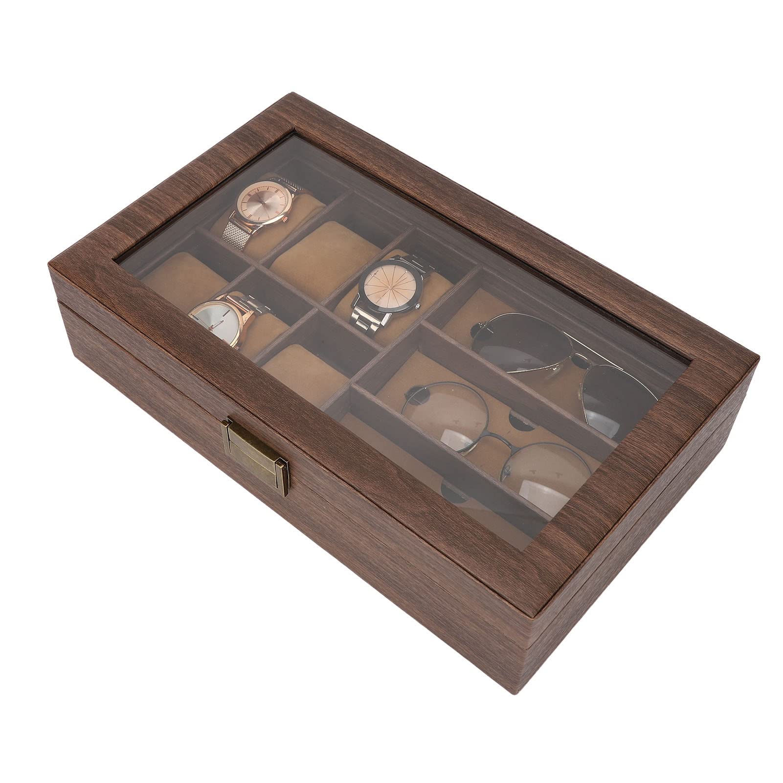 Caja de reloj de madera a prueba de polvo impermeable reloj de grano de madera retro organizador de almacenamiento de múltiples relojes caja de exhibición de gafas