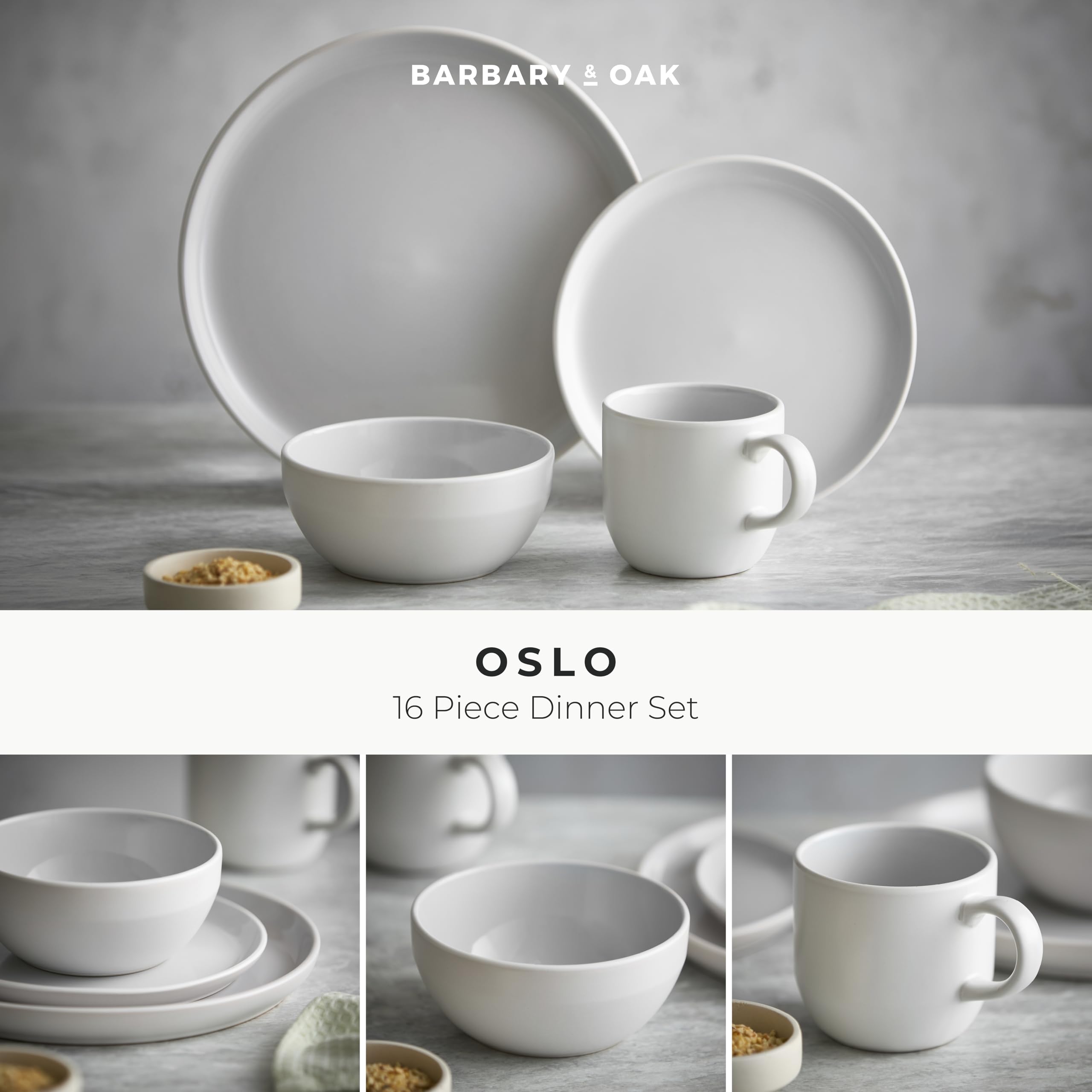 Barbary & Oak BO867004GRY Oslo 16-teiliges Geschirr-Set, Steinzeug, Weiß und Nimbus-Grau