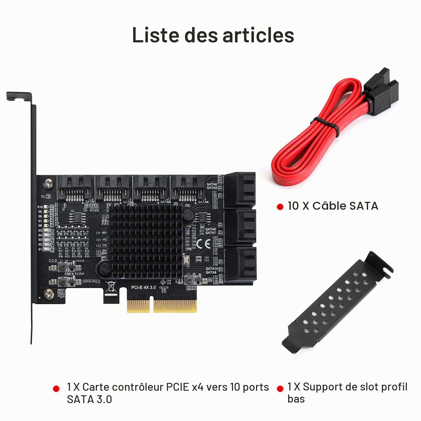 Carte PCIE 4X SATA 10 Ports, Adaptateur PCI-E 3.0 SATA 3.0 HDD 6G, Démarrage Disque Système avec 10 Câbles et Support Low Profile - ASM1166 + JMB75