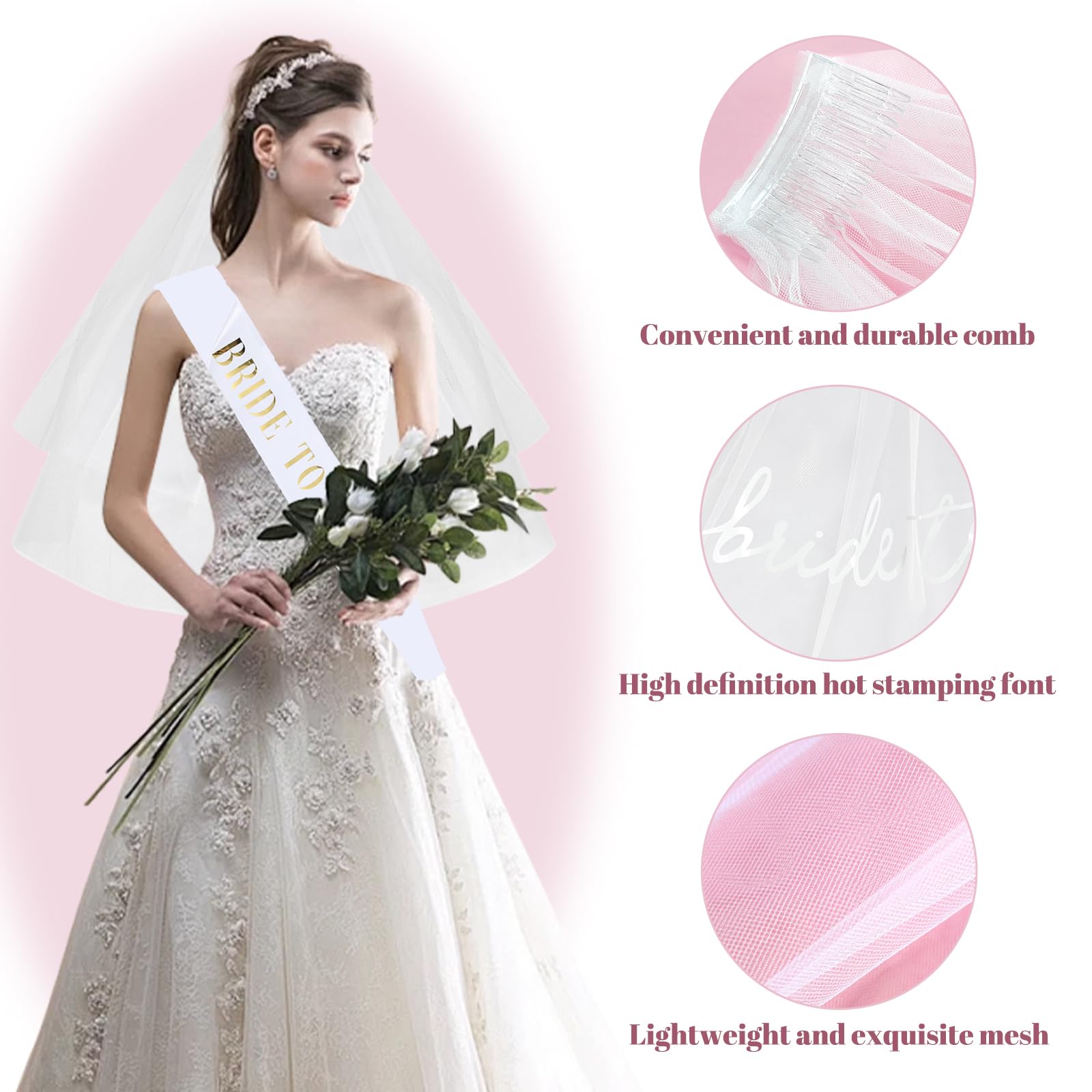 Ślubny welon ślubny z napisem "Bride to Be" i wstążką, biały welon ślubny ze złotym nadrukiem - zestaw na wesele i wieczór panieński, idealny na sesje zdjęciowe dla nowożeńców