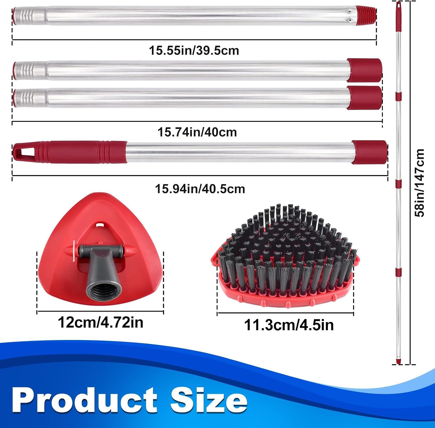 Mop Handle for Oceda,Stainless Steel Spin Mop Handle Replacement for Oceda Rinseclean 2 Tank,4 Section 30" to 58" Adjustable Mop Stick,Include Upgrade Mop Scrubber Head and Base for Deep Cleaning
