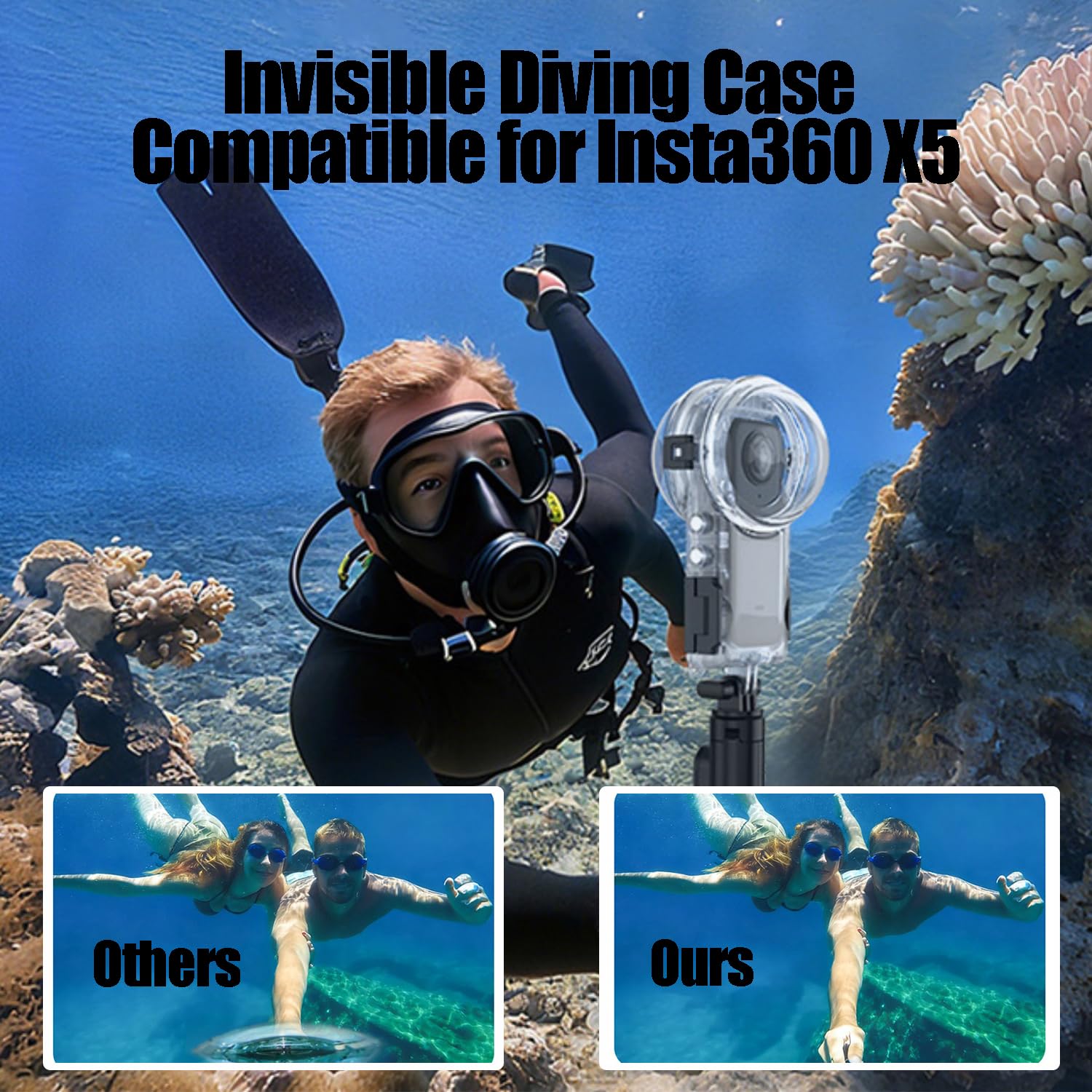 Invisible Buceo Funda Compatible con Insta360 X5, 60m/196ft Depths Sumergible Carcasa, 360°Completa Subacuática Protección, Acción Cámara Accesorio para Buceo, Surf, Esnórquel, Esquí