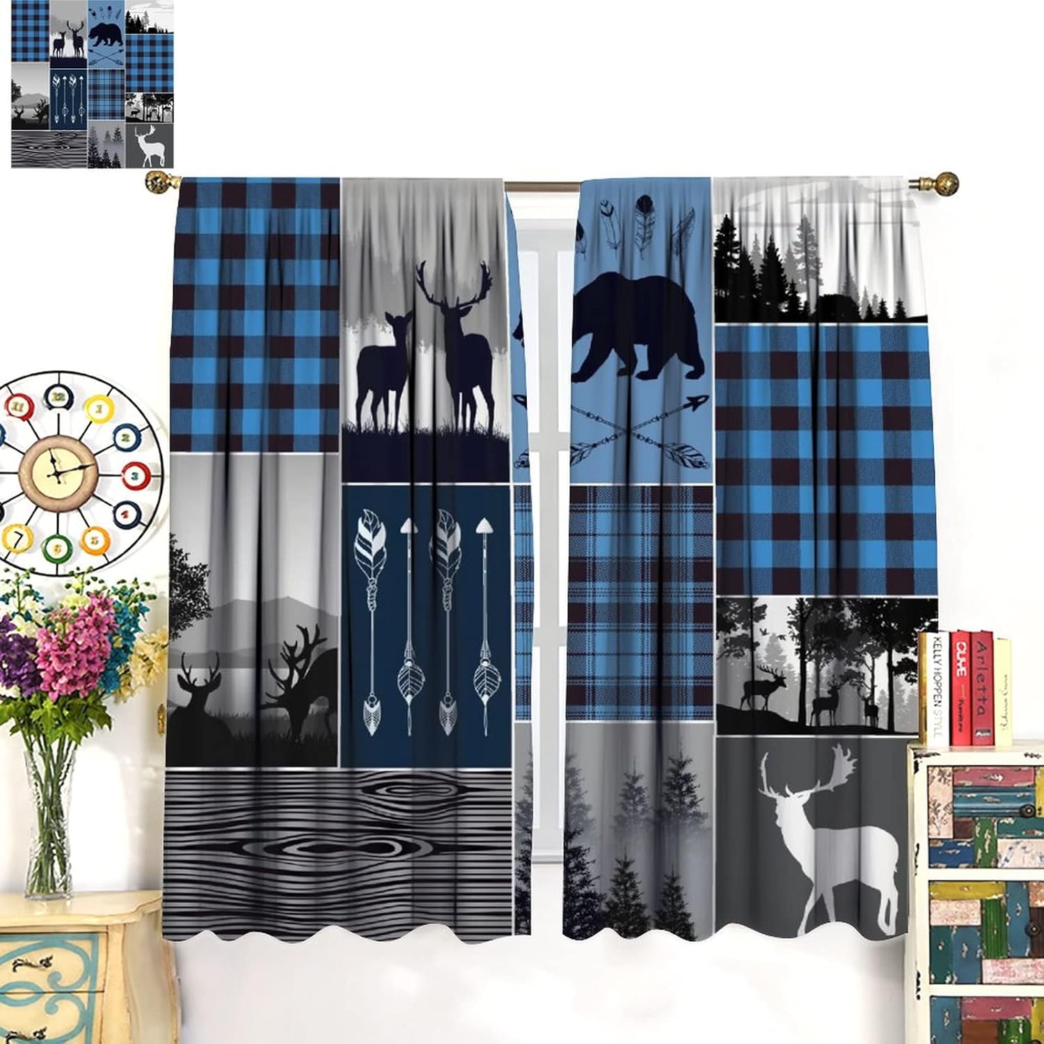 Rustic Farmhouse Curtains, Retro Cabin Lodge Window Curtains Country Bear Deer Blackout for Kids Teens Adult, Hunting Wild Animal Plaid Checkered & Drapes Blue 21x54in,2 Panel Set